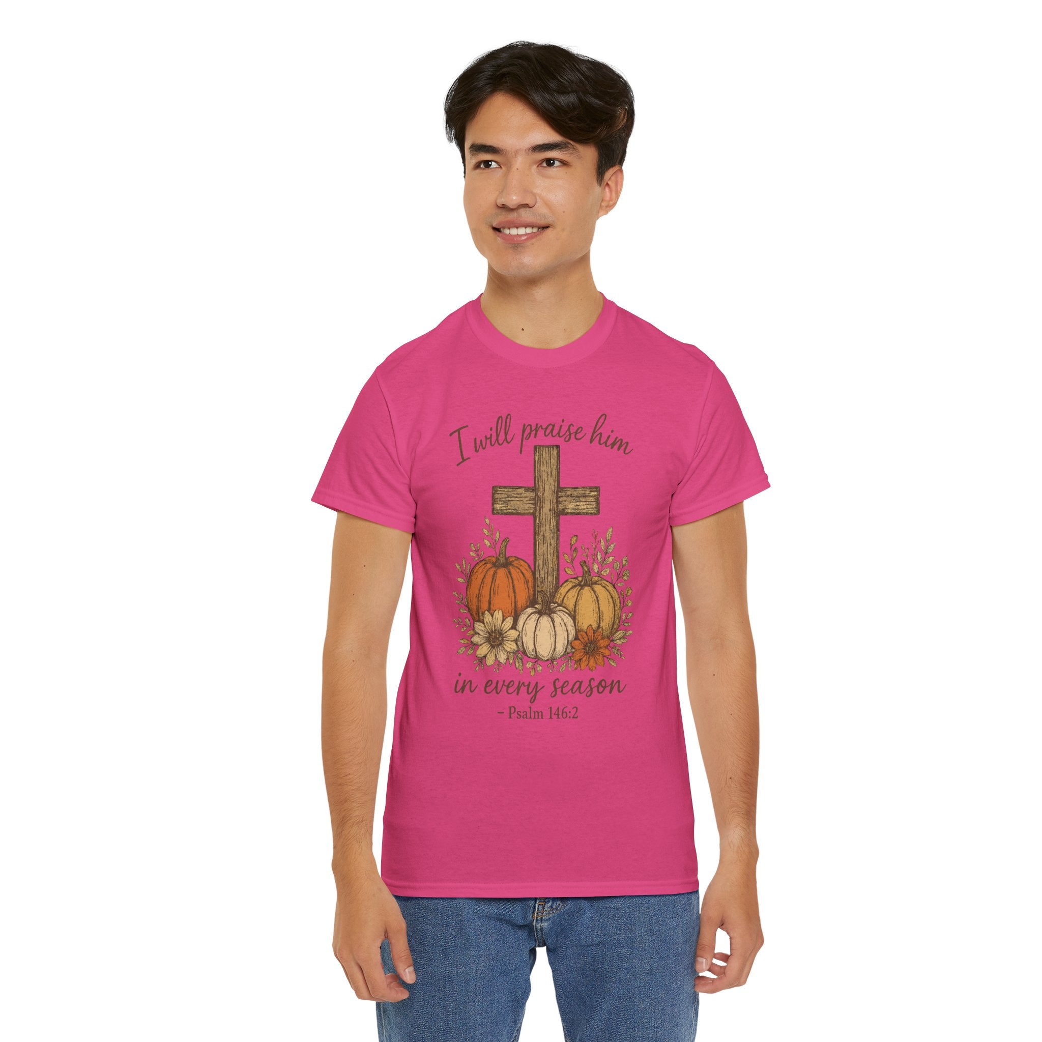 Psalm 146:2 Pumpkin Cross T-Shirt — I Will Praise Him in Every Season. Unisex Cotton Tee