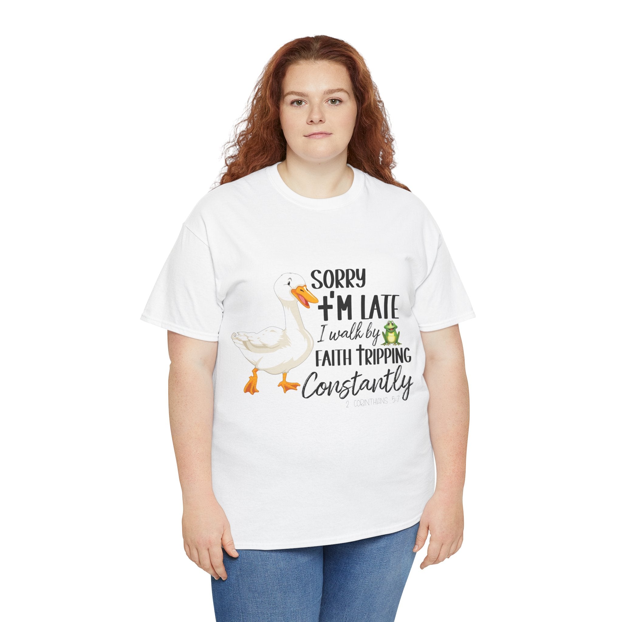 Christian Humor T-Shirt — “Sorry I’m Late, I Walk by Faith Tripping Constantly” (Duck & Frog). Unisex Cotton Tee
