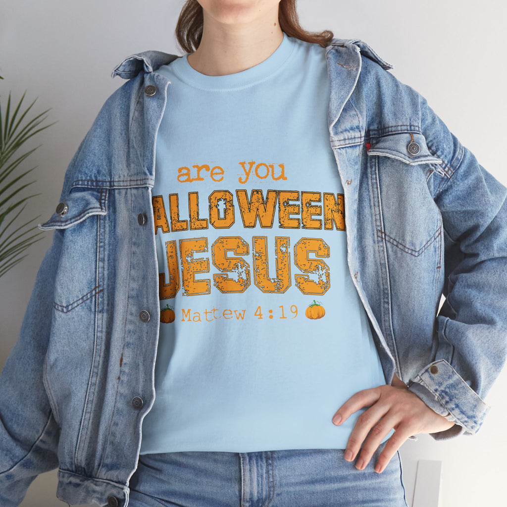 Christian Halloween T-Shirt — “Are You Falloween Jesus? Matthew 4:19” Distressed Pumpkin Design. Unisex Cotton Tee