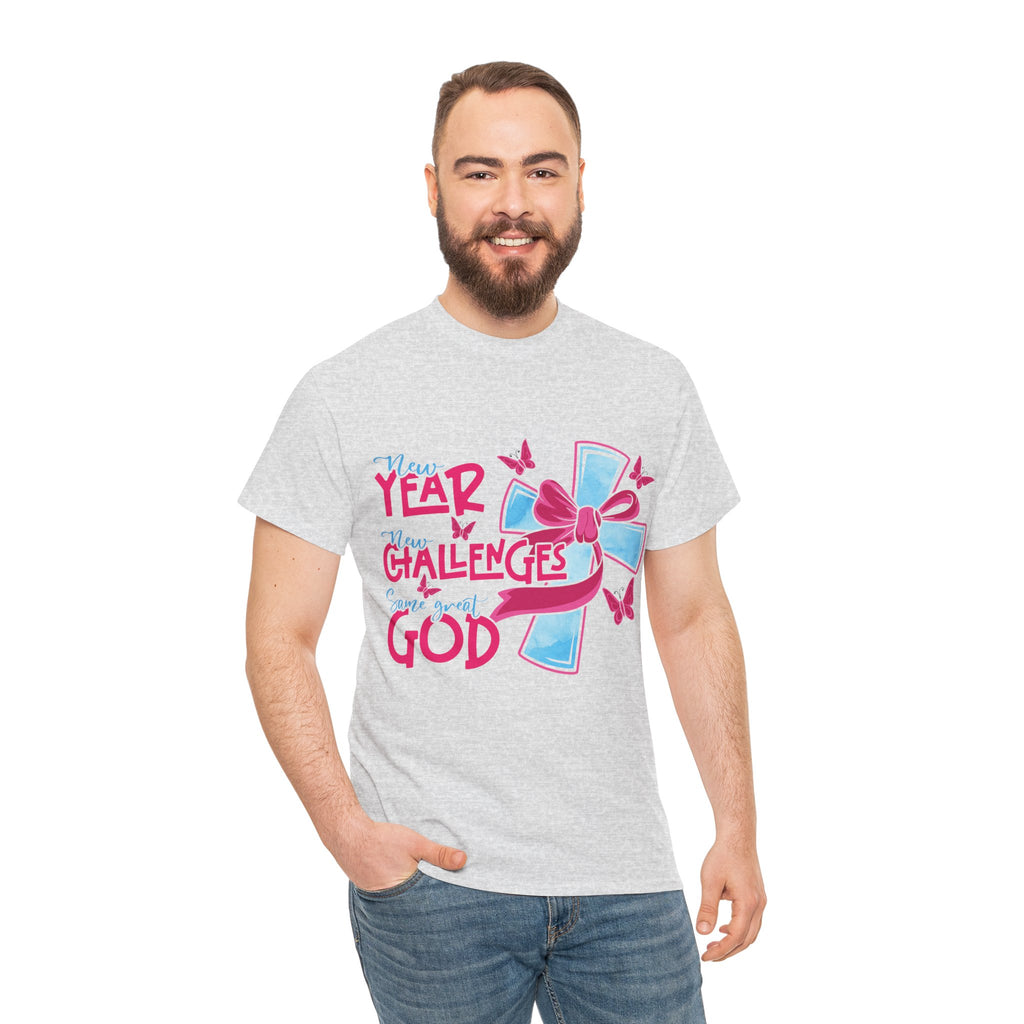 Christian T-Shirt — “New Year, New Challenges, Same Great God” with Pink Bow Cross & Butterflies. Unisex Cotton Tee