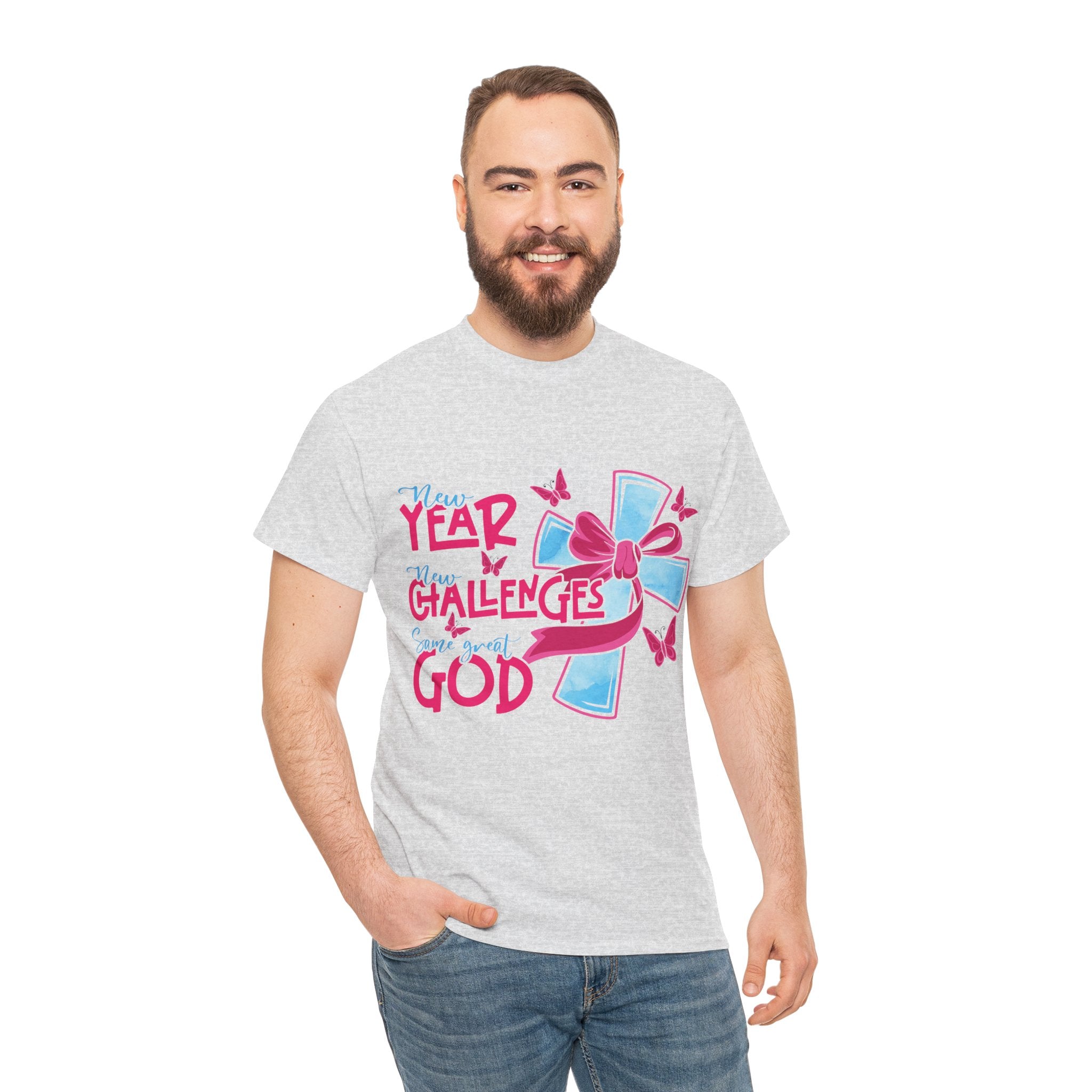 Christian T-Shirt — “New Year, New Challenges, Same Great God” with Pink Bow Cross & Butterflies. Unisex Cotton Tee