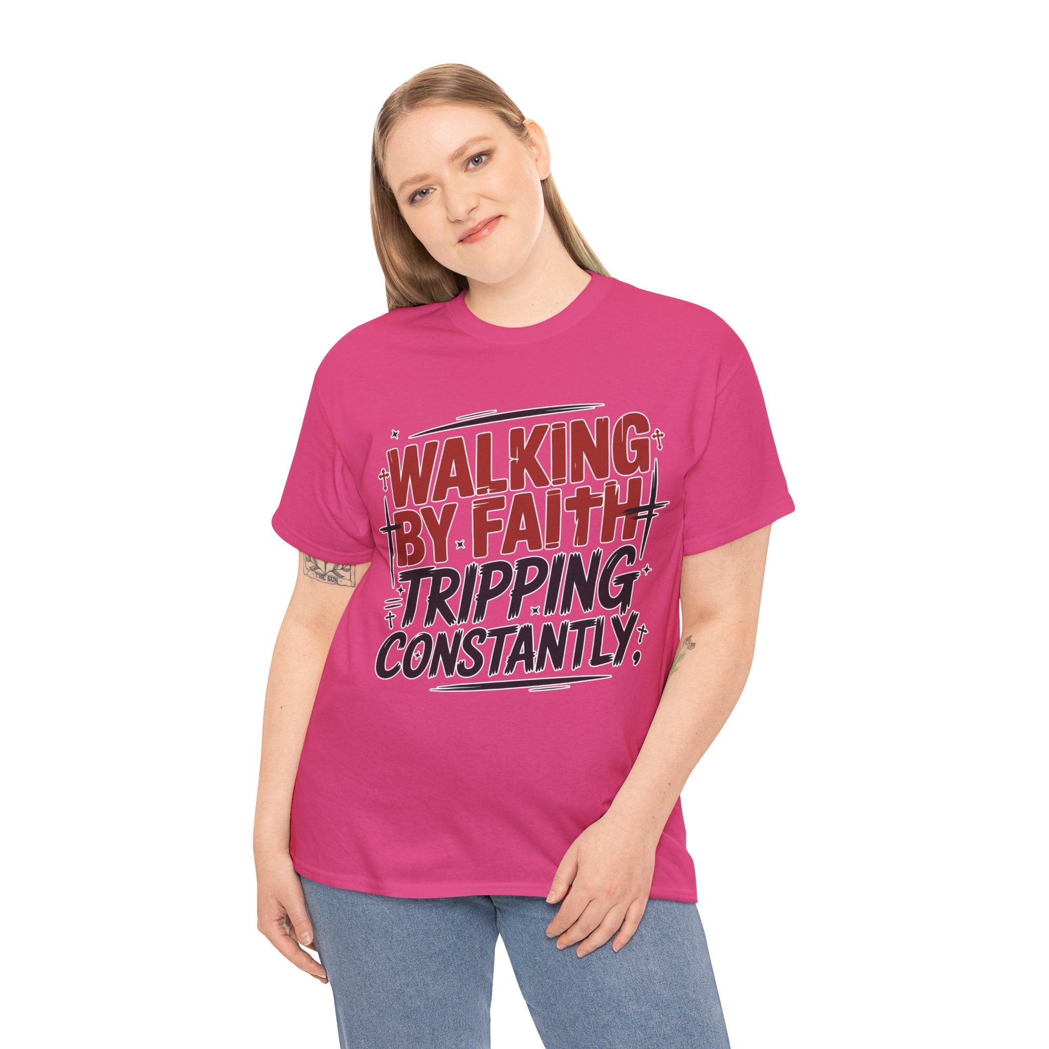 Walking by Faith, Tripping Constantly Unisex Cotton T-Shirt