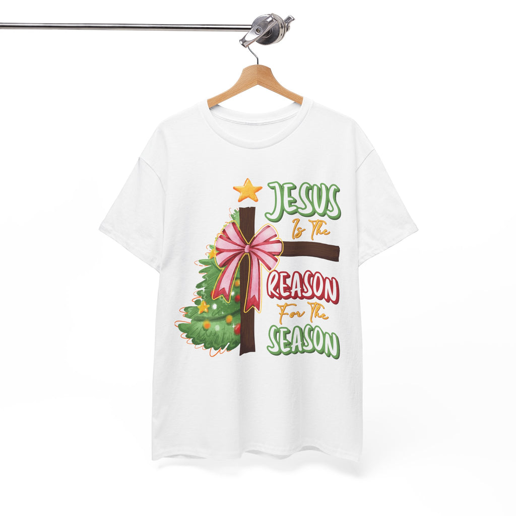 Jesus Is the Reason for the Season Christmas Tee — Cross with Pink Bow & Tree. Unisex Cotton Tee