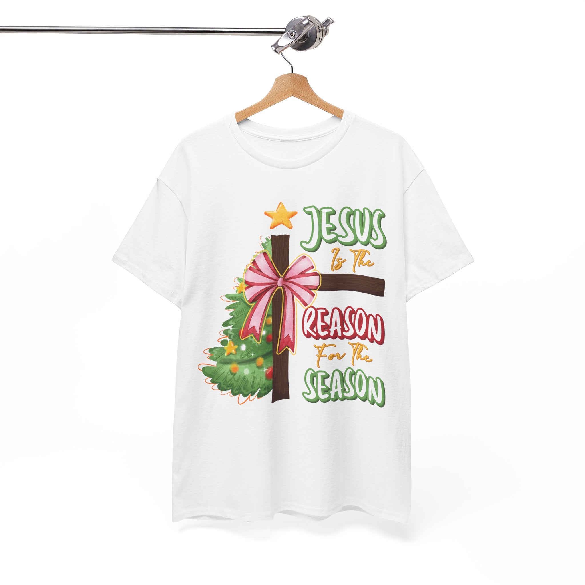 Jesus Is the Reason for the Season Christmas Tee — Cross with Pink Bow & Tree. Unisex Cotton Tee