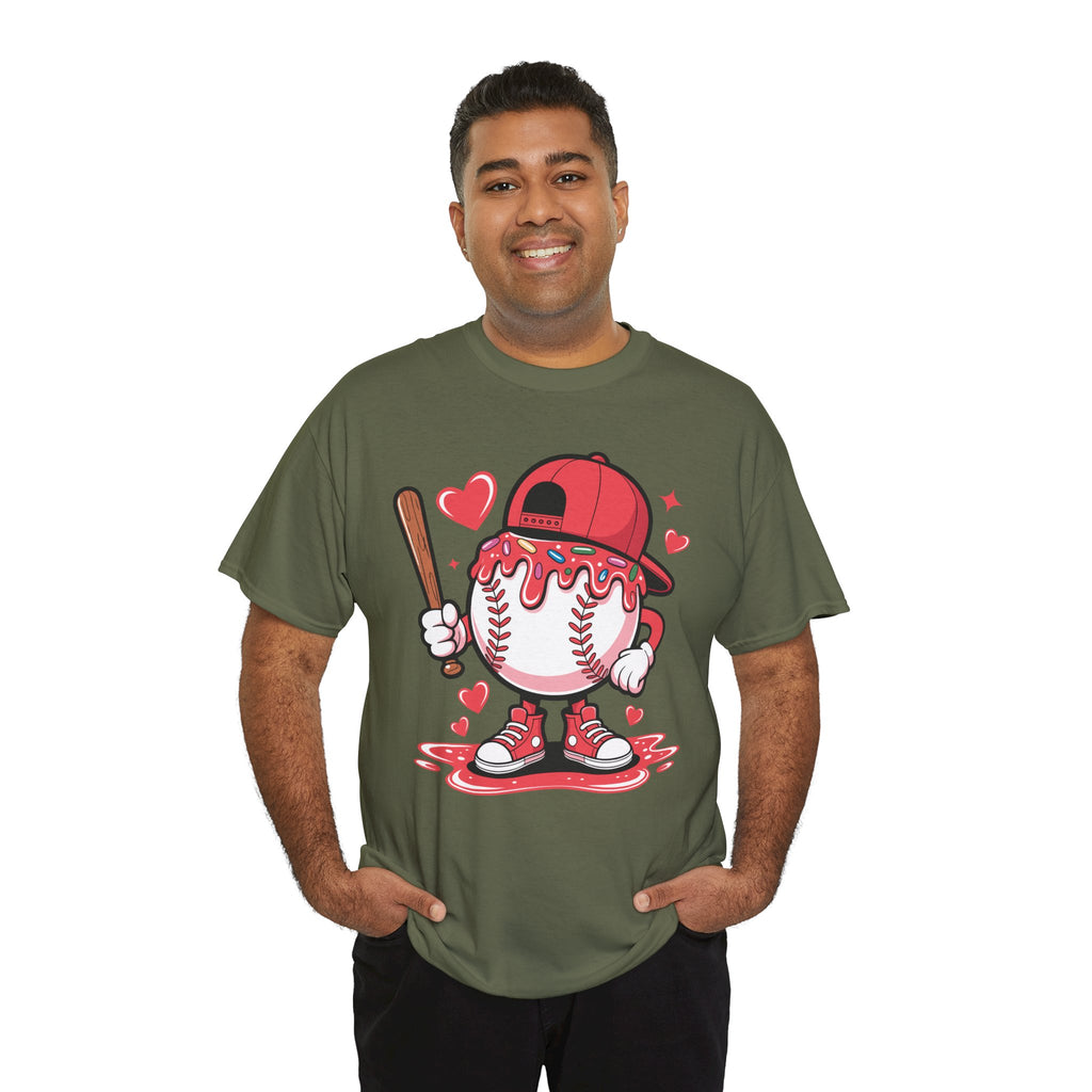 Cute Baseball Character T-Shirt — Red Cap & Icing Top Graphic with Hearts Unisex Cotton Tee