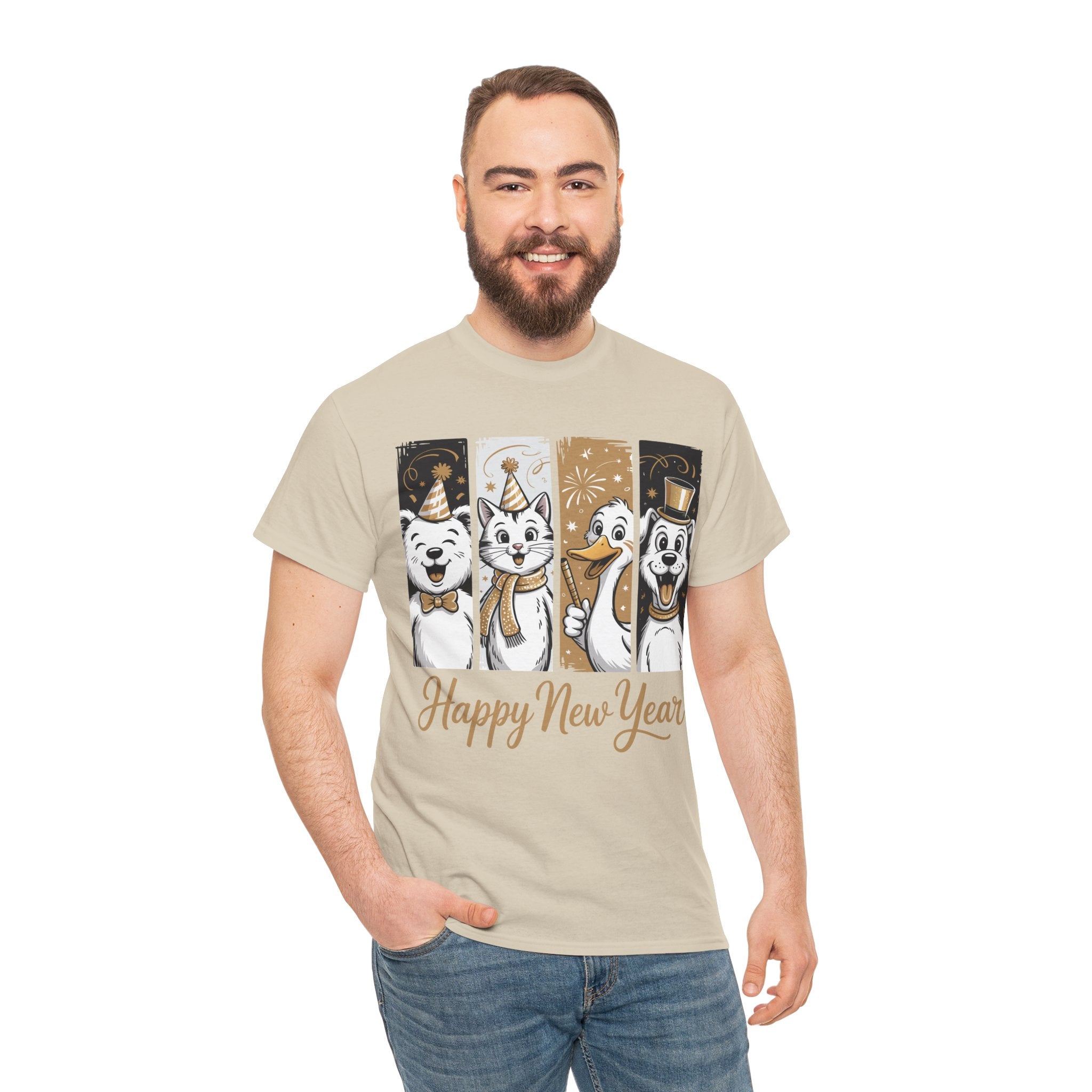 Happy New Year Party Animals T-Shirt — Cute Smiling Animals in Party Hats & Gold Fireworks..Unisex Cotton Tee