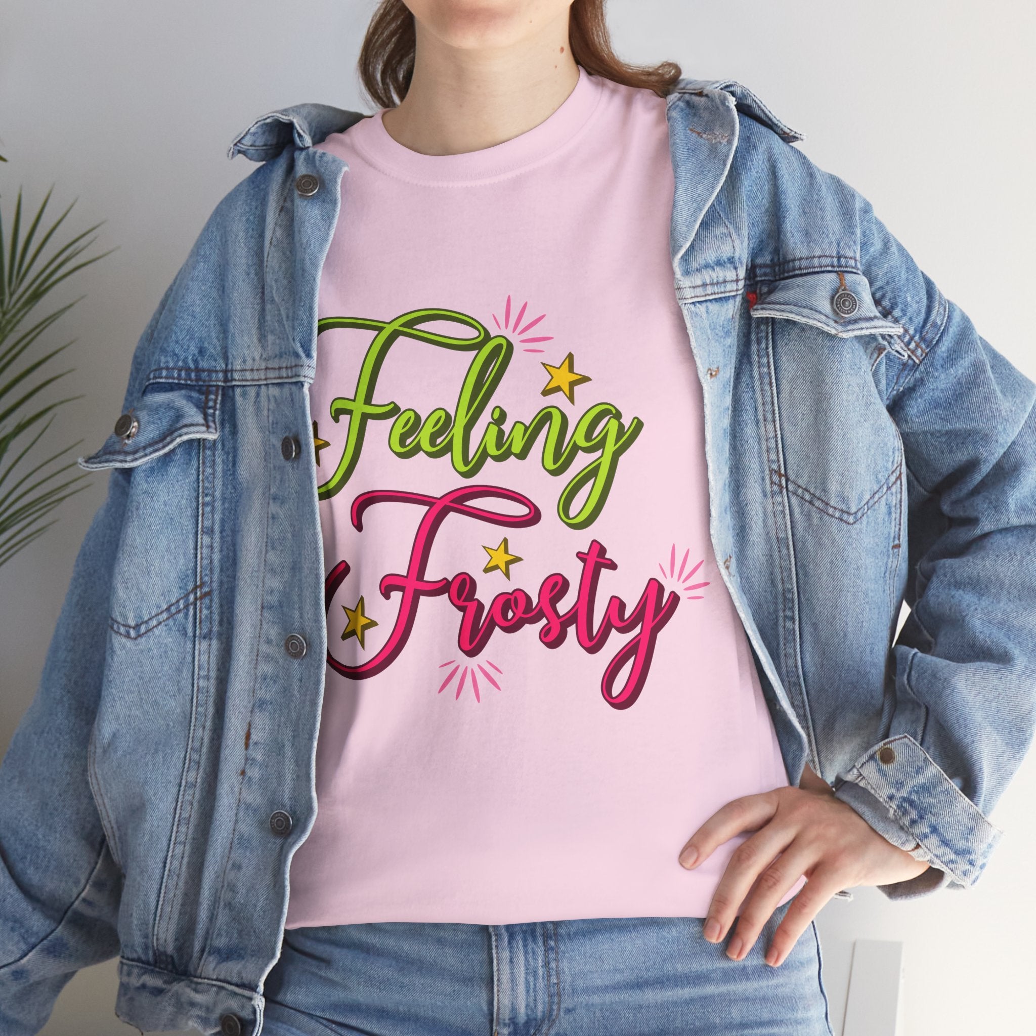 Feeling Frosty Holiday T-Shirt — Green & Pink Script Stars.Unisex Cotton Tee