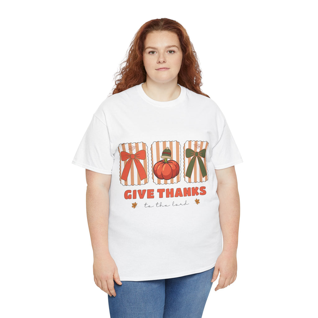 Give Thanks Thanksgiving T-Shirt — Pumpkin with Hat & Bows Unisex Cotton Tee