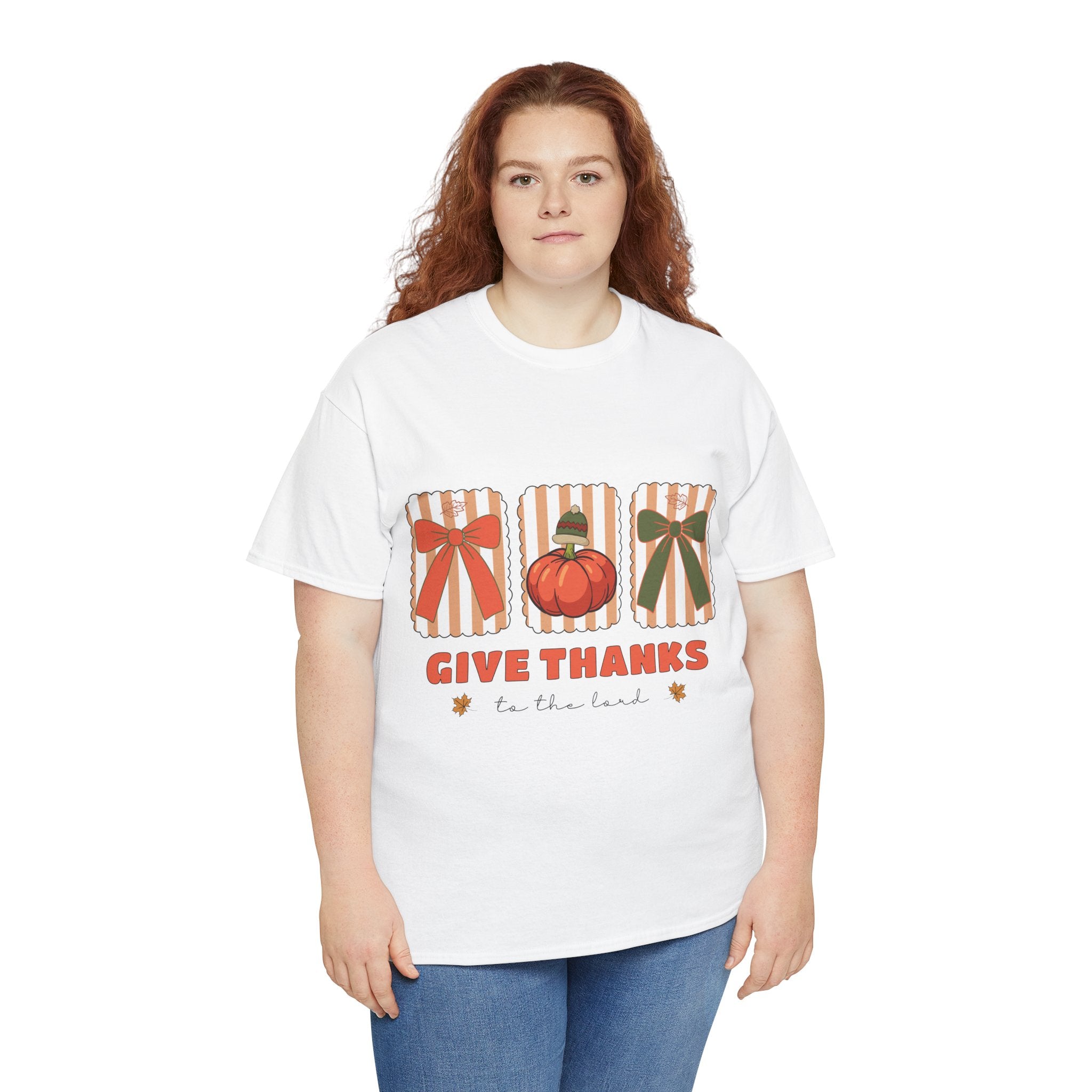 Give Thanks Thanksgiving T-Shirt — Pumpkin with Hat & Bows Unisex Cotton Tee