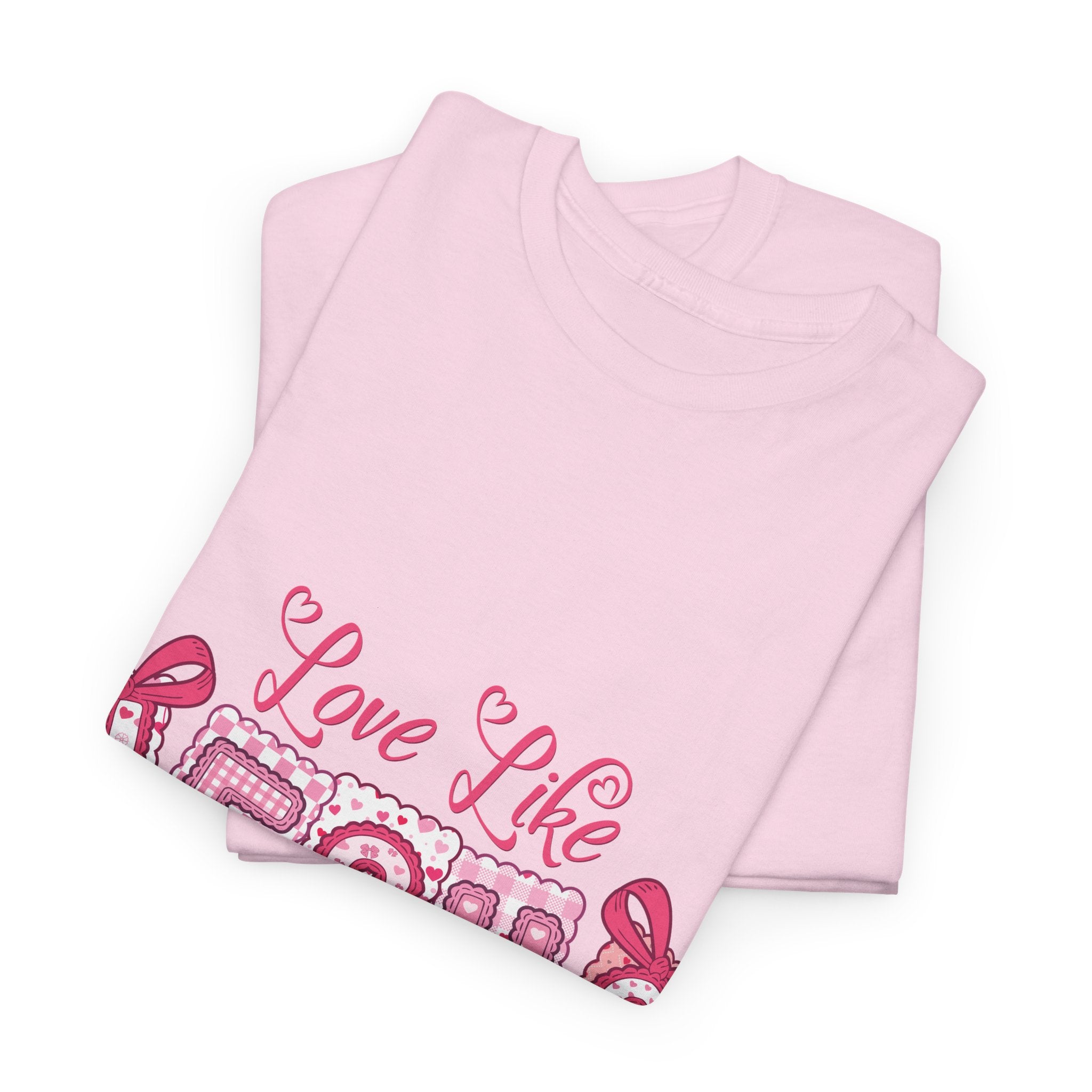 Love Like Jesus Patchwork Tee — Pink Stitched Heart Graphic.Unisex Cotton Tee