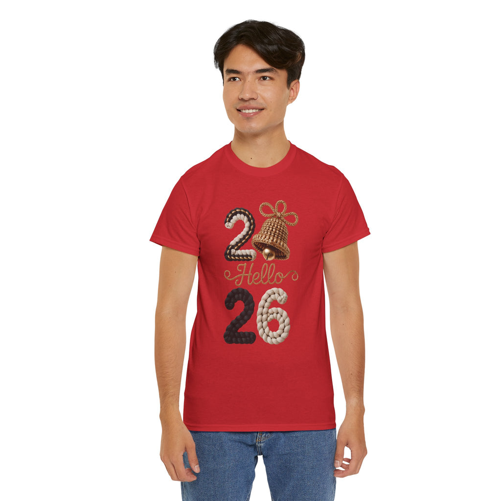 Hello 2026 Tee — Cozy Faux Yarn Braided Numbers with Woven Golden Bell..Unisex Cotton Tee