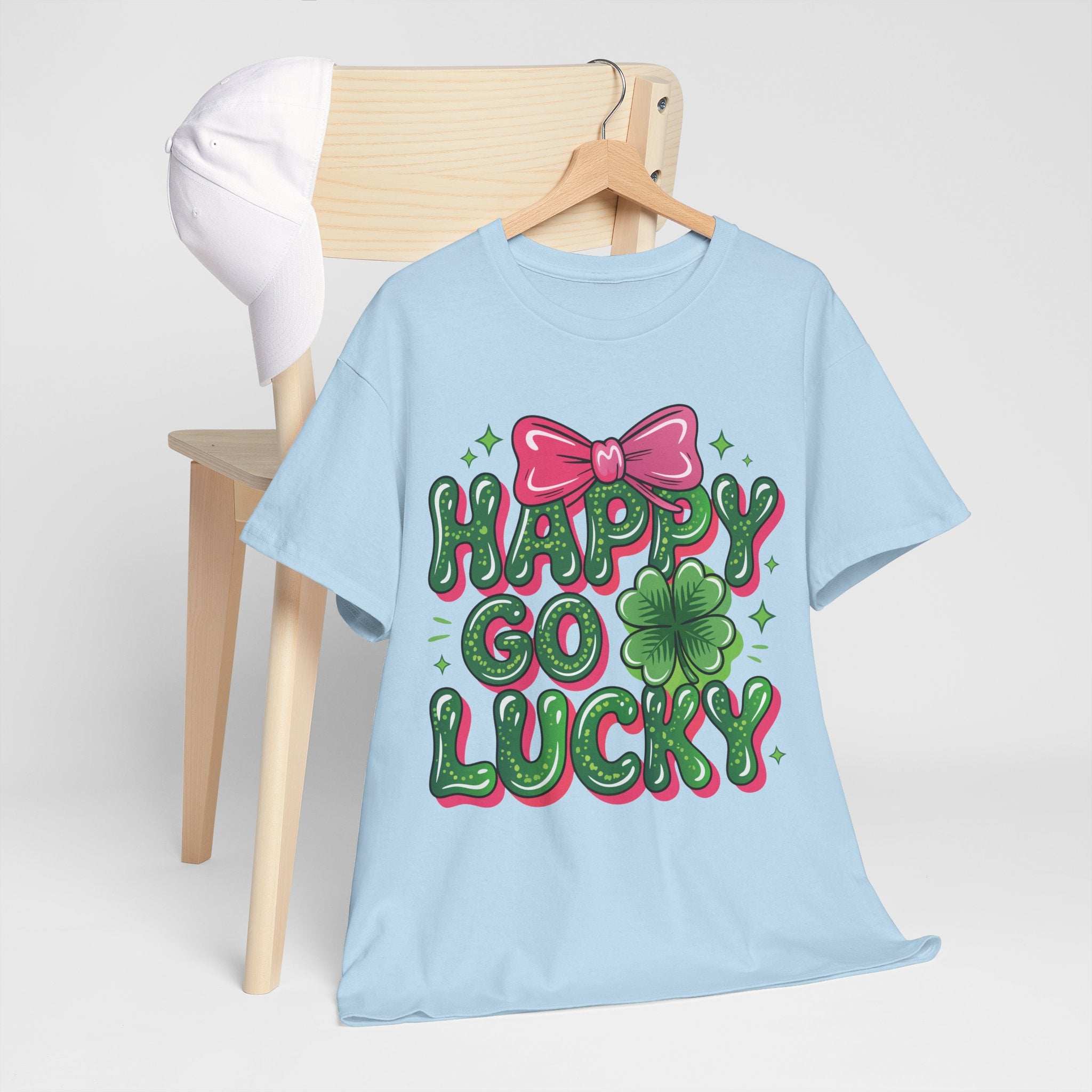 Happy Go Lucky Four-Leaf Clover Tee — Glossy Green Letters & Pink Bow Unisex Cotton Tee