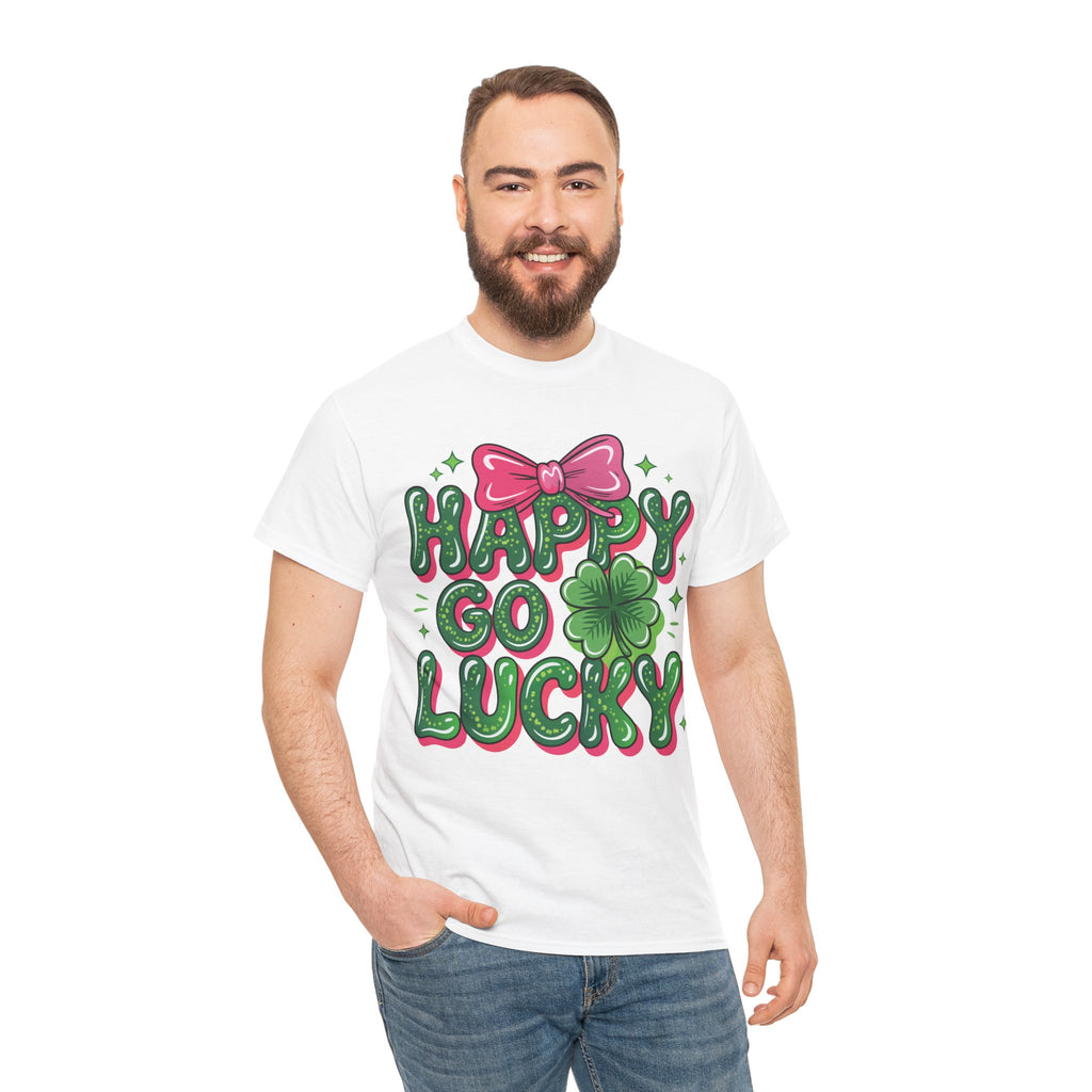 Happy Go Lucky Four-Leaf Clover Tee — Glossy Green Letters & Pink Bow Unisex Cotton Tee