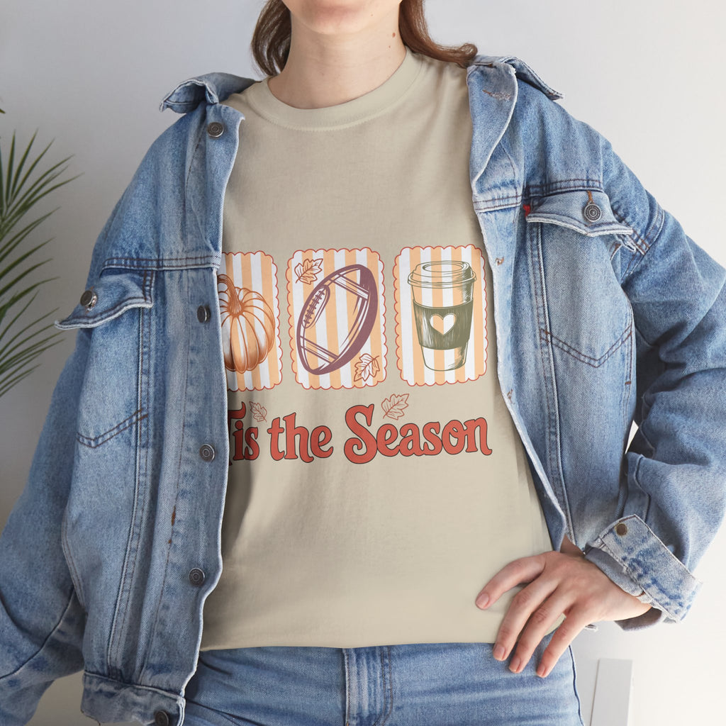 Tis the Season Pumpkin, Football & Coffee Fall Unisex Cotton T-Shirt