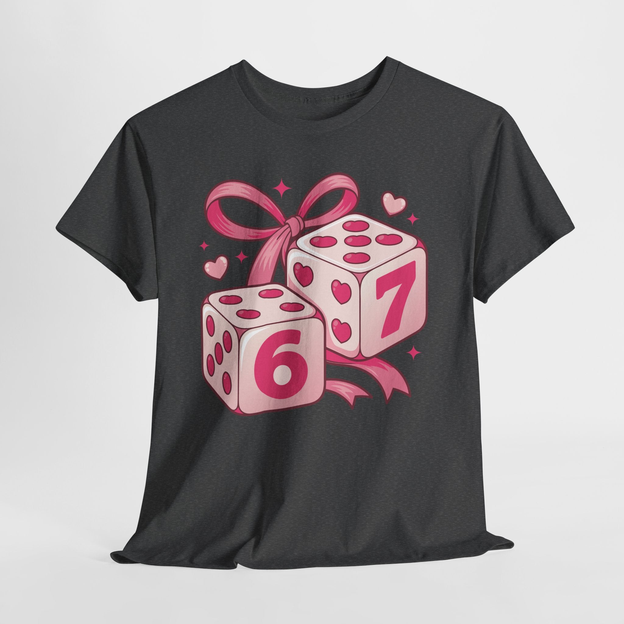 Lucky Love Dice T-Shirt — Pink Heart Dice with Bow..Unisex Cotton Tee