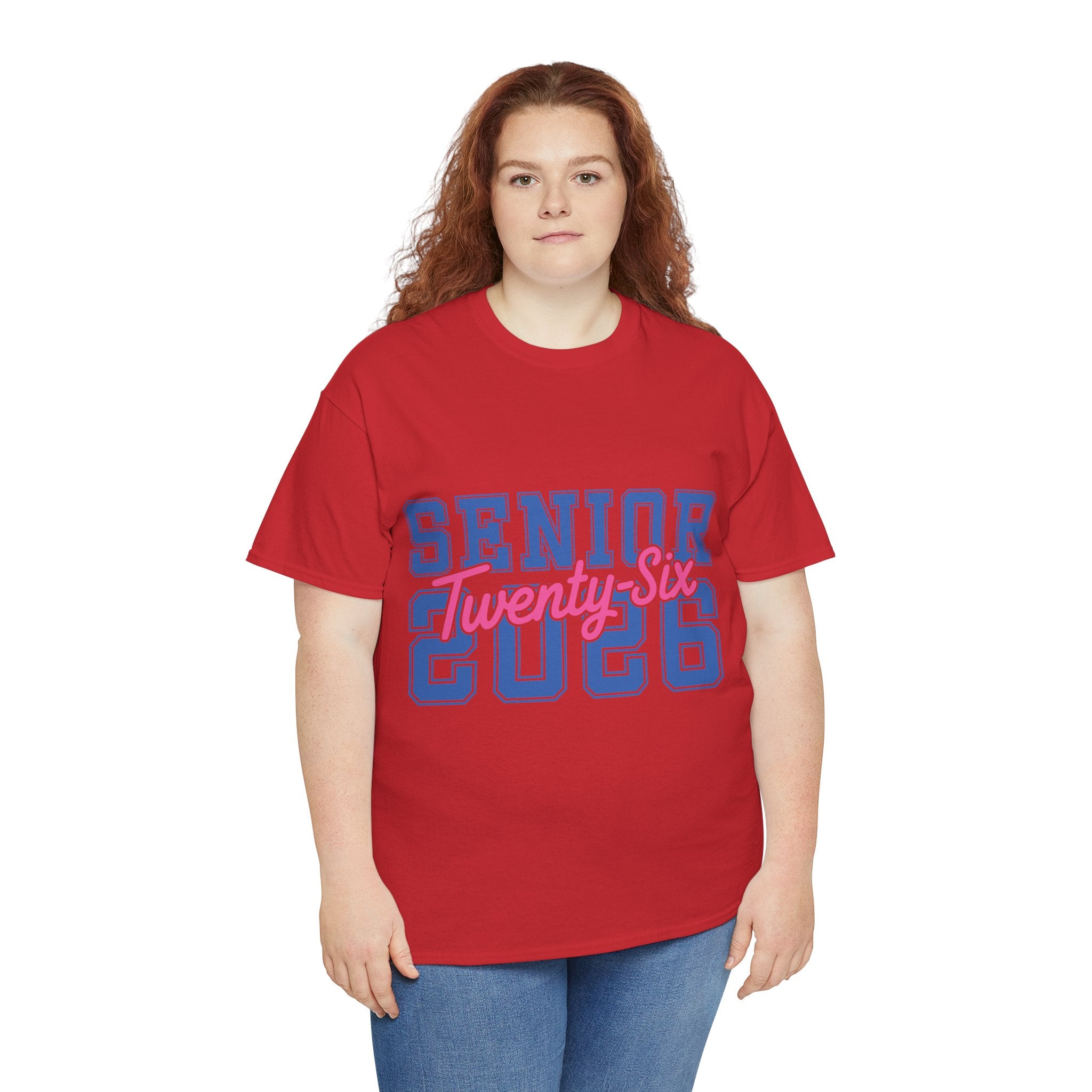 Senior 2026 Tee — Pink Varsity Block with Blue Script Overlay Unisex Cotton Tee
