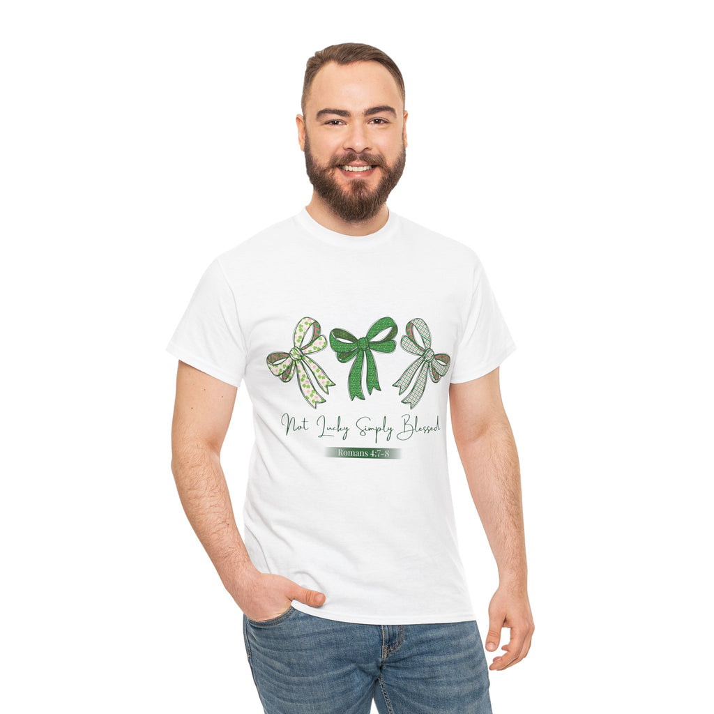 Not Lucky Simply Blessed Tee — Romans 4:7-8 Green Bow Christian Unisex Cotton T-Shirt