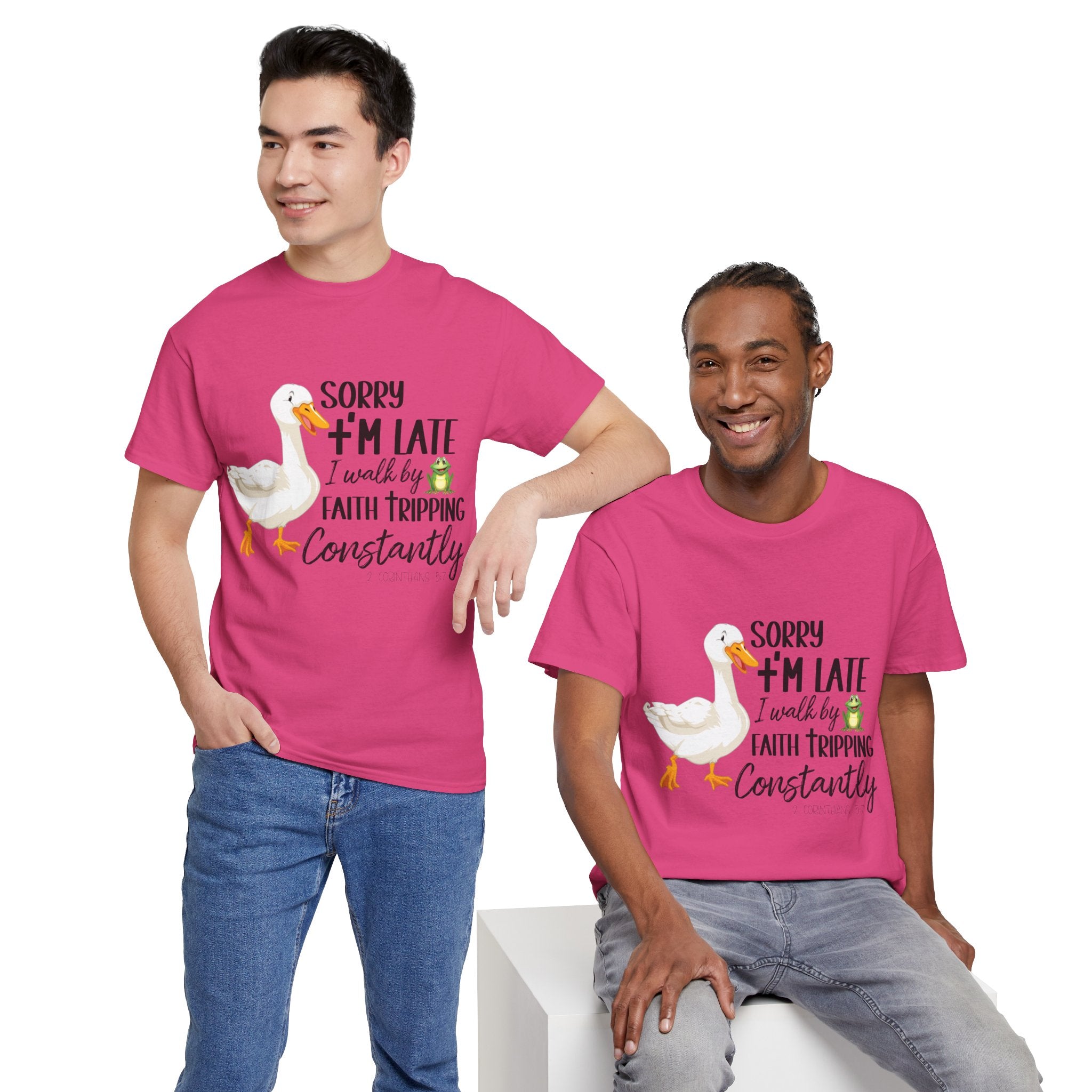 Christian Humor T-Shirt — “Sorry I’m Late, I Walk by Faith Tripping Constantly” (Duck & Frog). Unisex Cotton Tee
