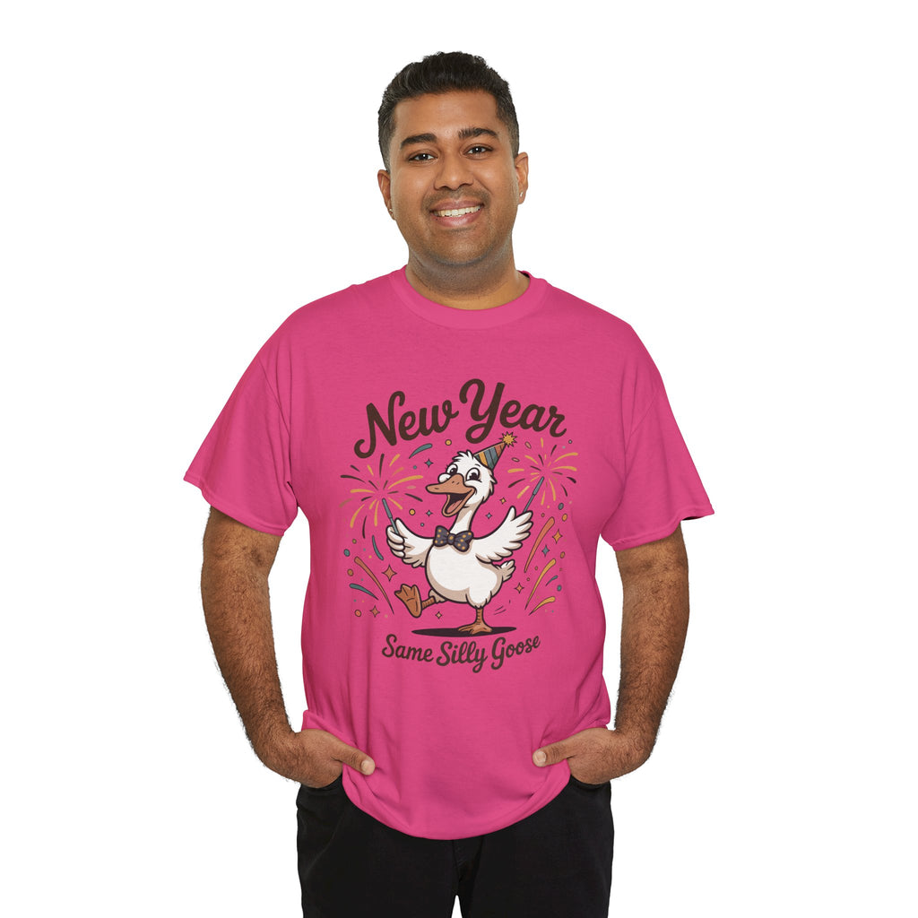 Happy Goose New Year T-Shirt — Party Hat, Fireworks & Confetti Unisex Cotton Tee