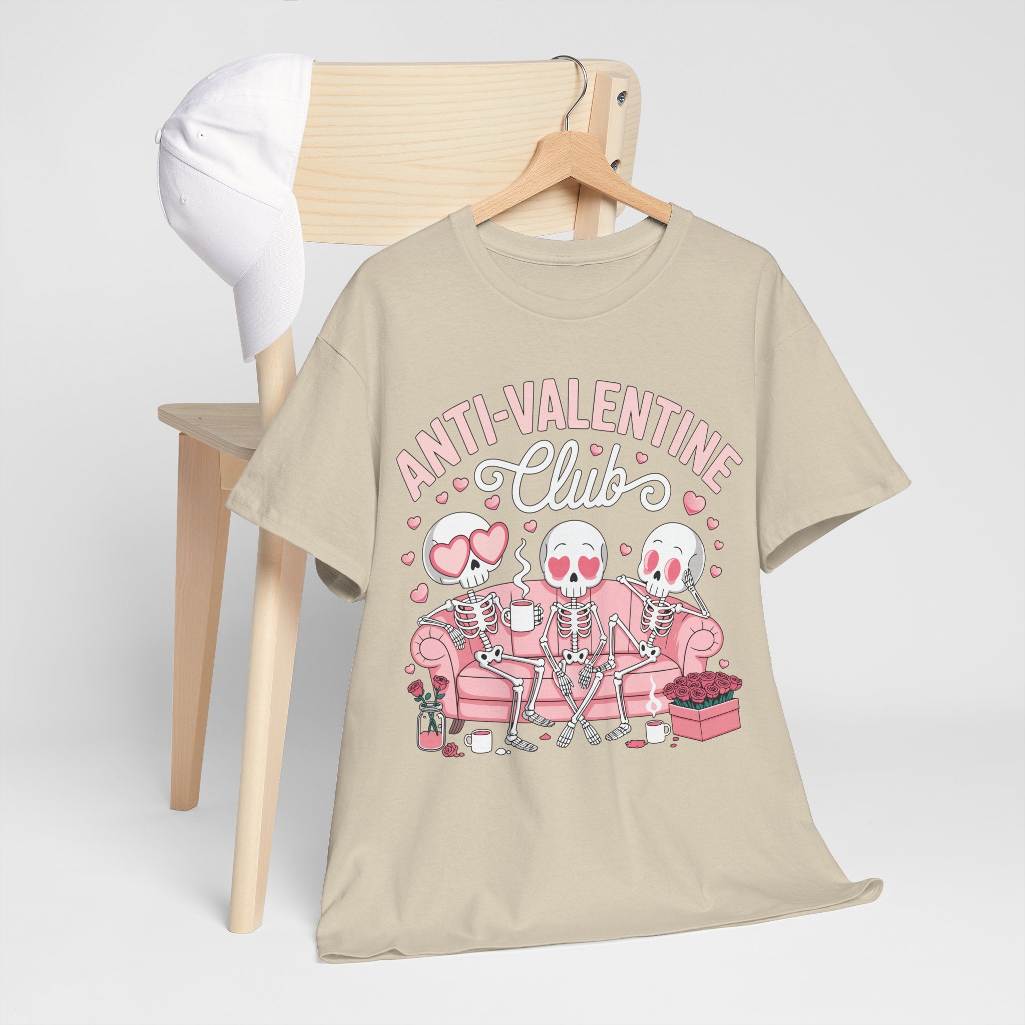 Anti-Valentine Club Skeleton Tee — Anti-Romance Pink Couch Graphic Unisex Cotton T-Shirt
