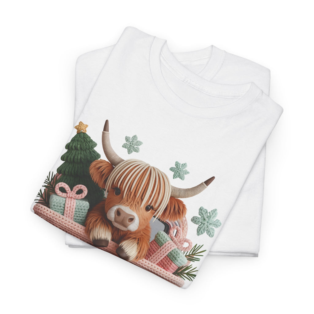 Merry Christmas Highland Cow Knit Truck Unisex Cotton T-Shirt