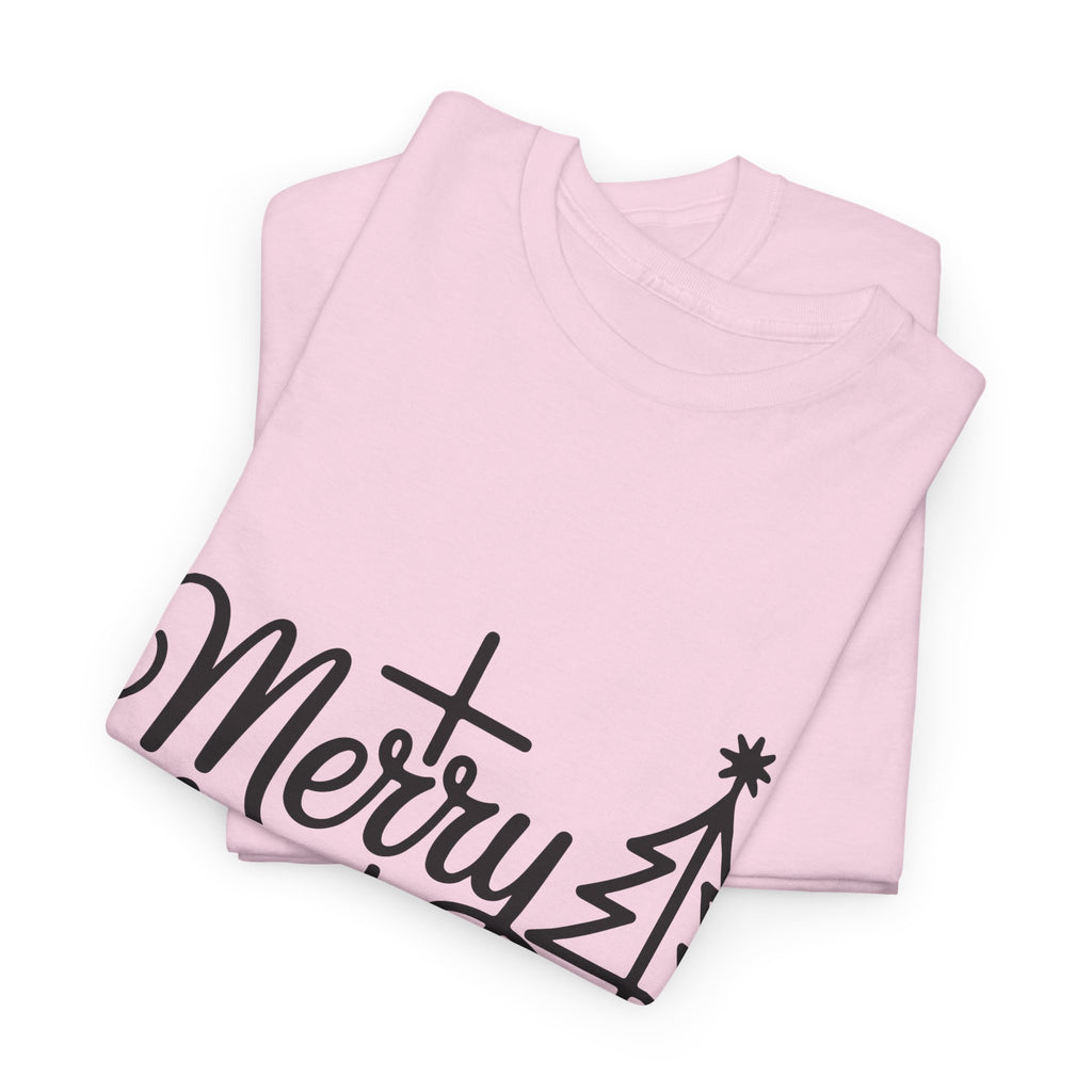 Merry Christmas Script T-Shirt with Cross & Tree(Unisex Cotton Tee)