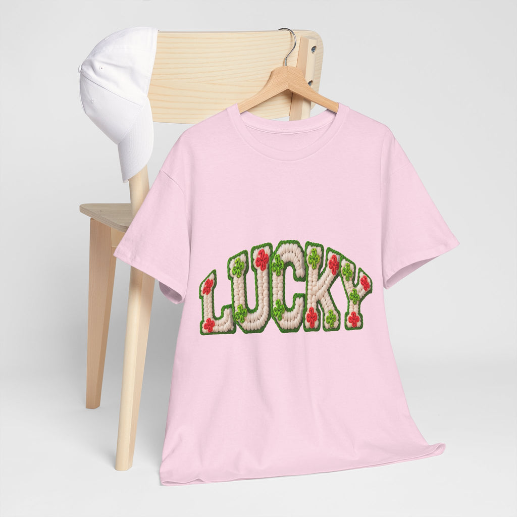 Lucky Crochet Clover T-Shirt — Faux-Yarn Embroidered St. Patrick’s Unisex Cotton Tee