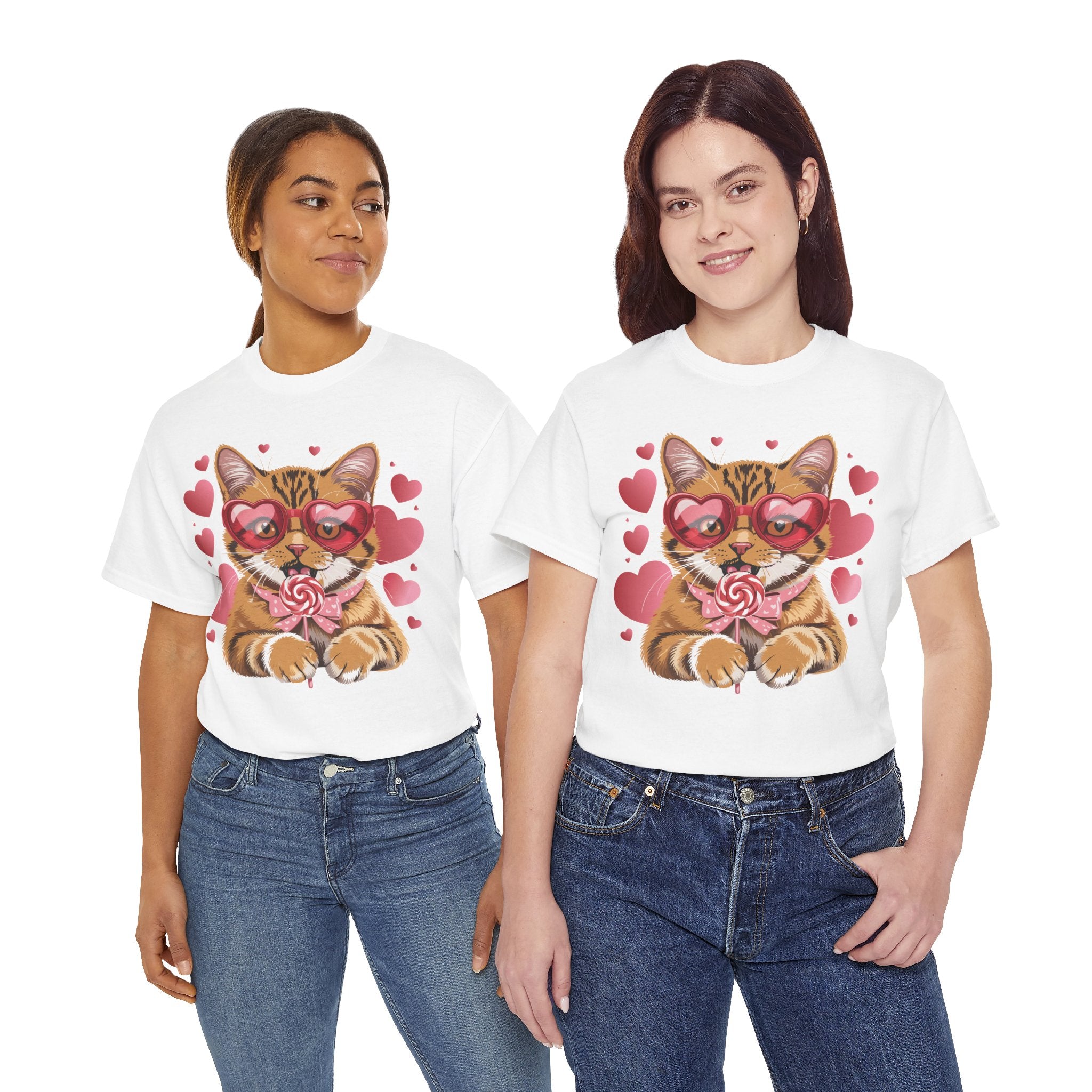 Valentine Cat Tee — Heart Glasses, Lollipop Bow Unisex Cotton Tee