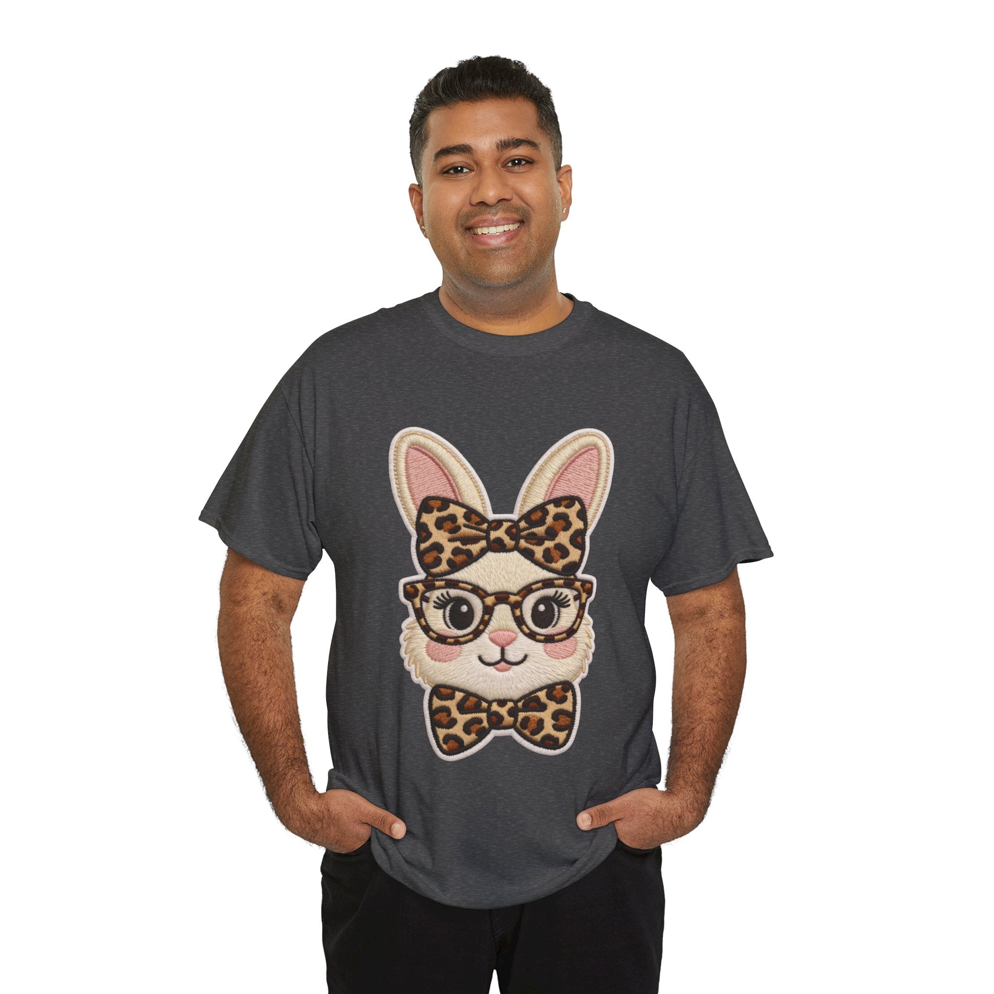 Leopard Bow Bunny Embroidered Tee — Cute Bunny Face with Glasses Patch Unisex Cotton Tee