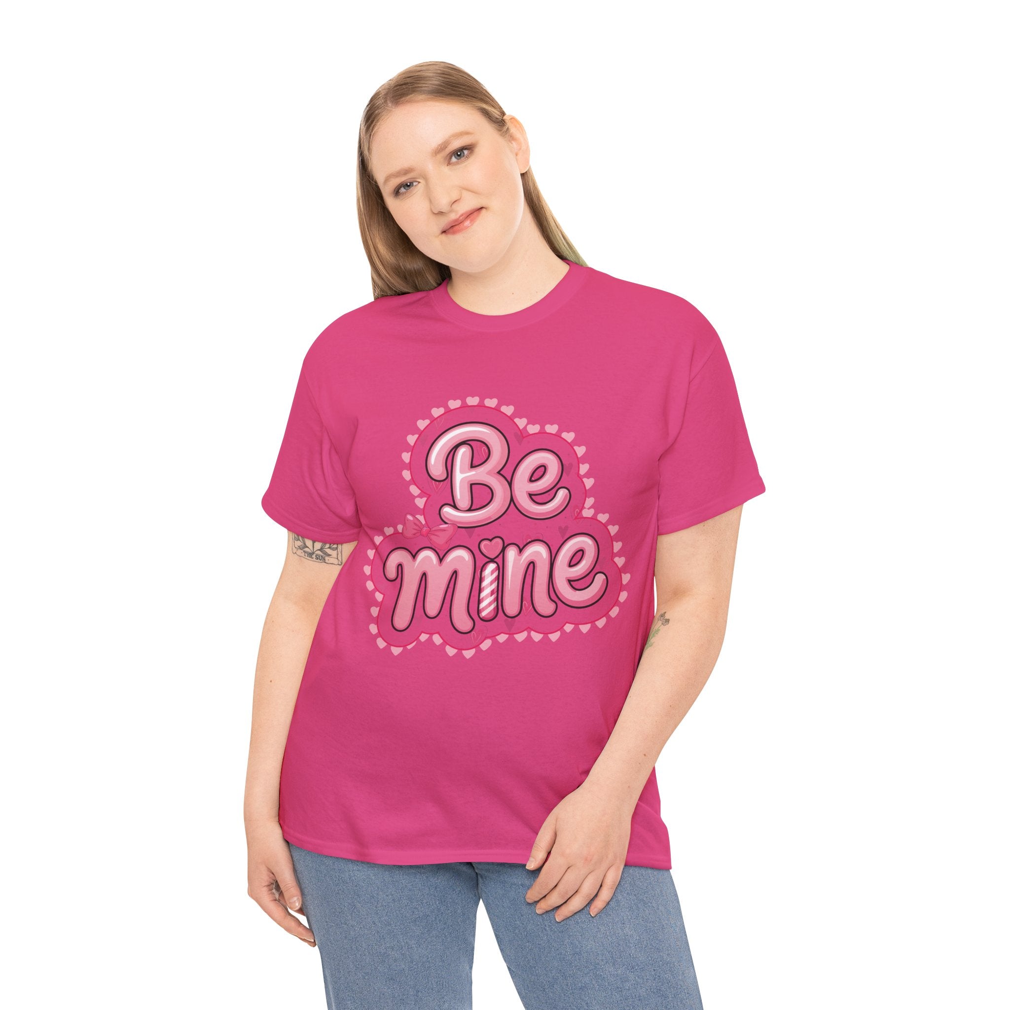 Be Mine Valentine T-Shirt — Pink Bubble Letters with Hearts & Bow..Unisex Cotton Tee