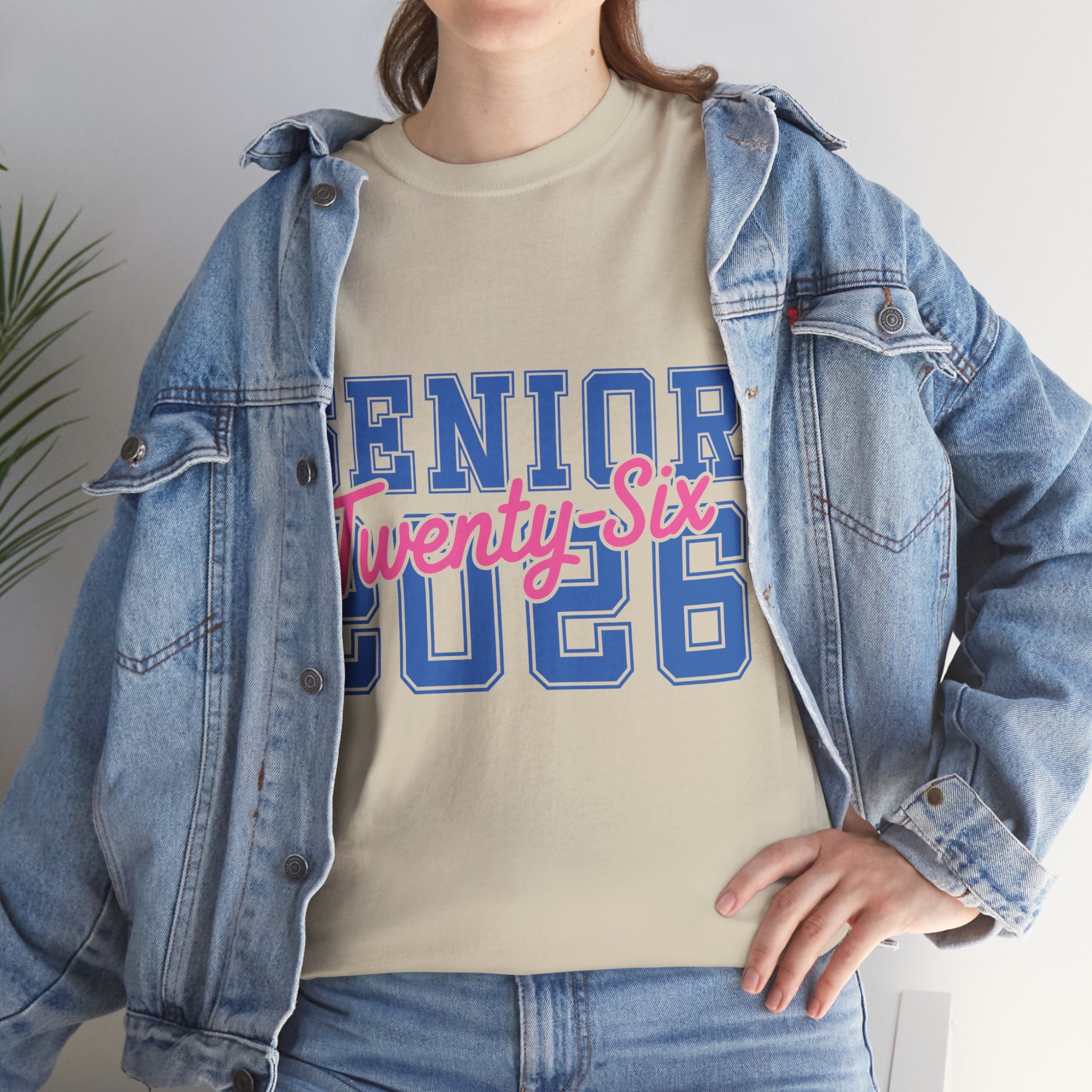 Senior 2026 Tee — Pink Varsity Block with Blue Script Overlay Unisex Cotton Tee