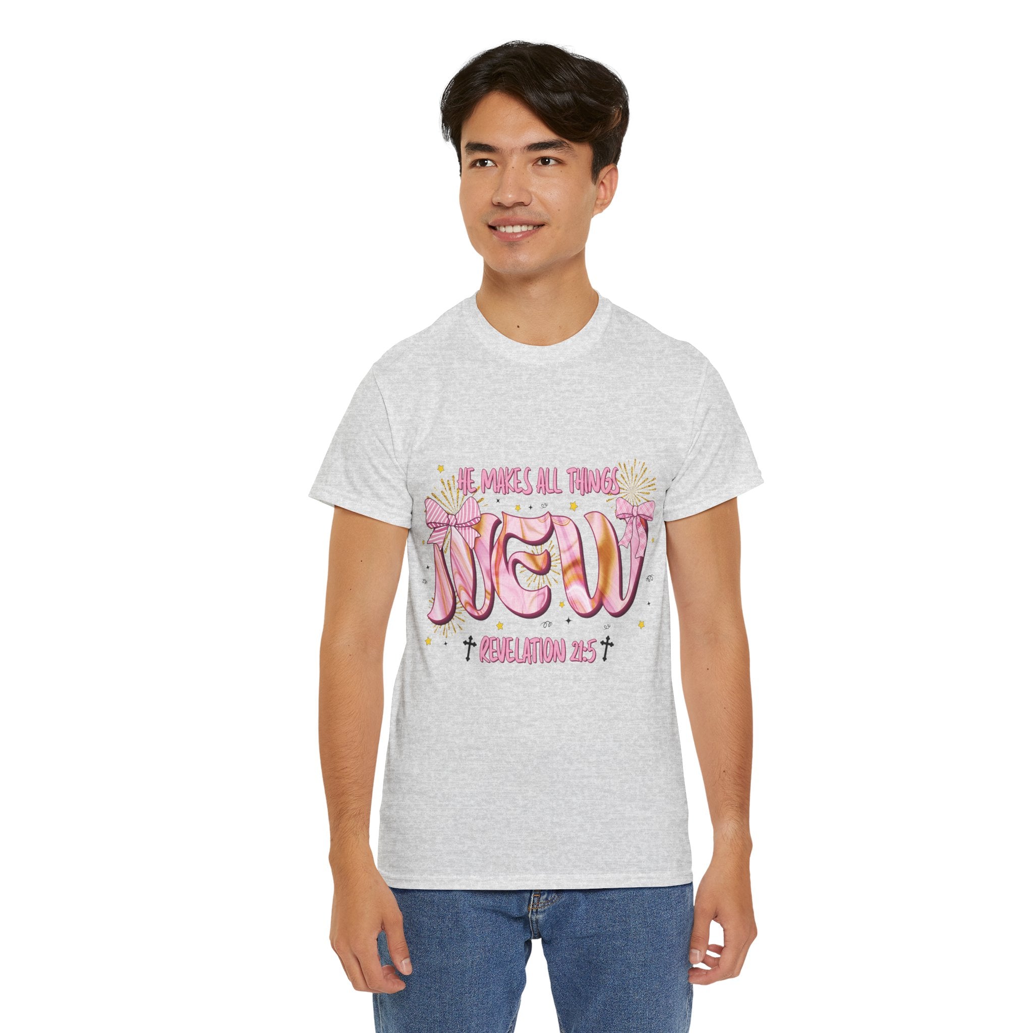 Christian Marble Tee — “He Makes All Things New” (Revelation 21:5)... Unisex Cotton Tee
