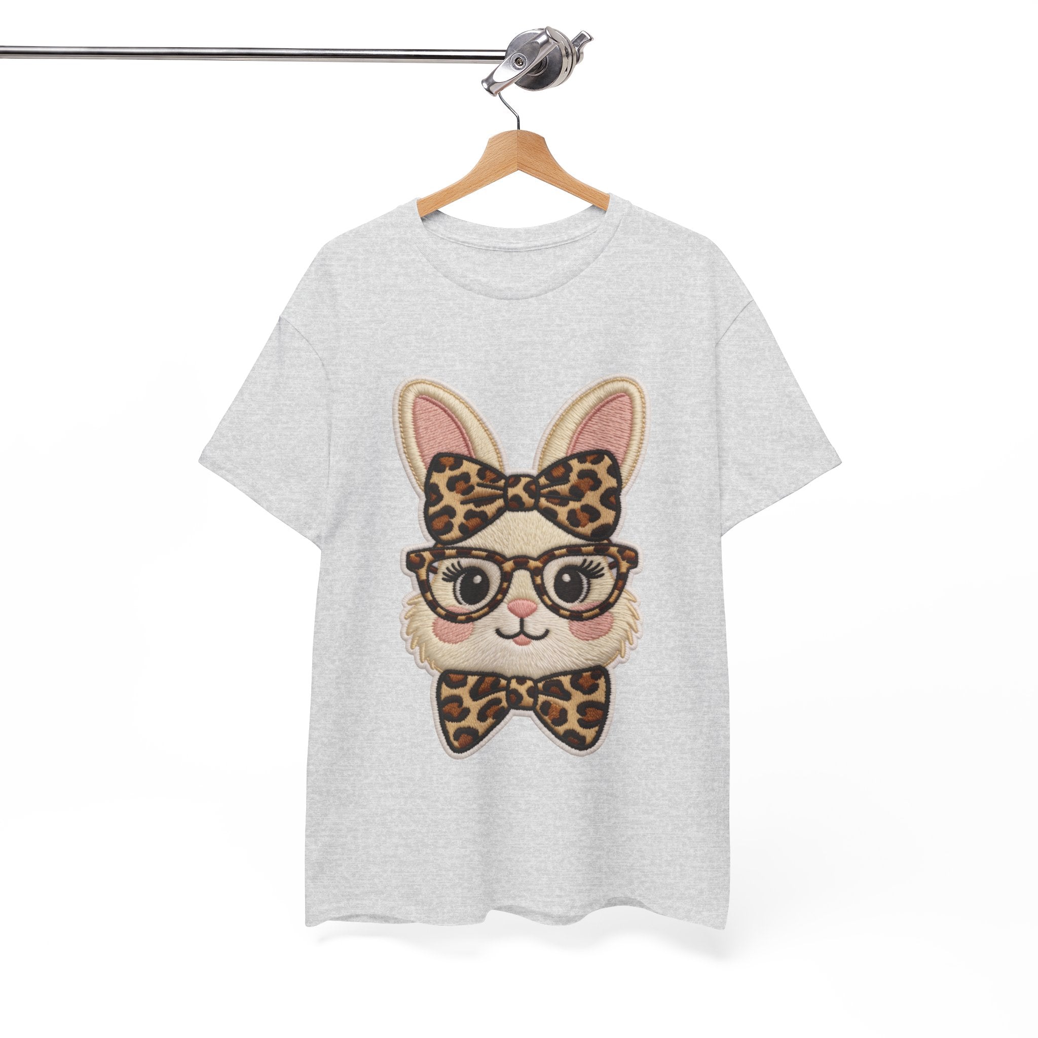 Leopard Bow Bunny Embroidered Tee — Cute Bunny Face with Glasses Patch Unisex Cotton Tee