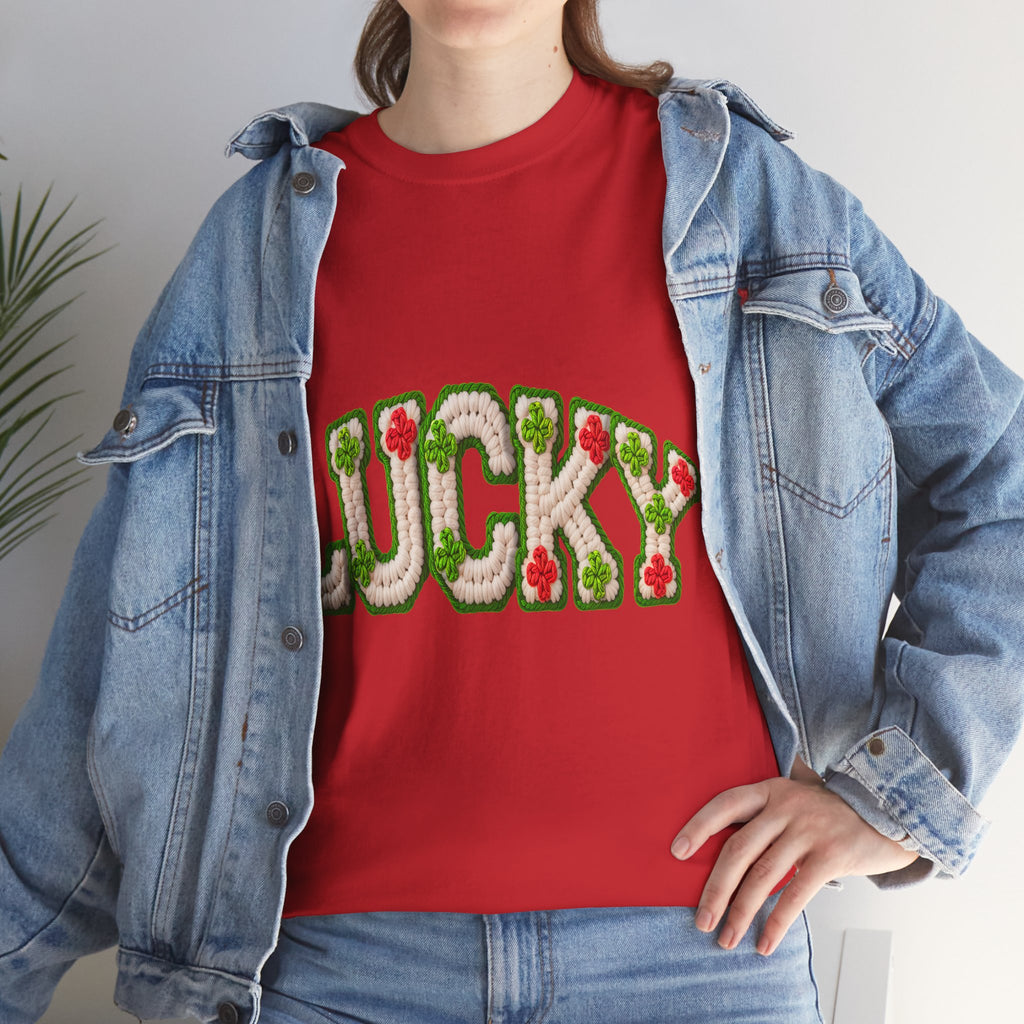 Lucky Crochet Clover T-Shirt — Faux-Yarn Embroidered St. Patrick’s Unisex Cotton Tee