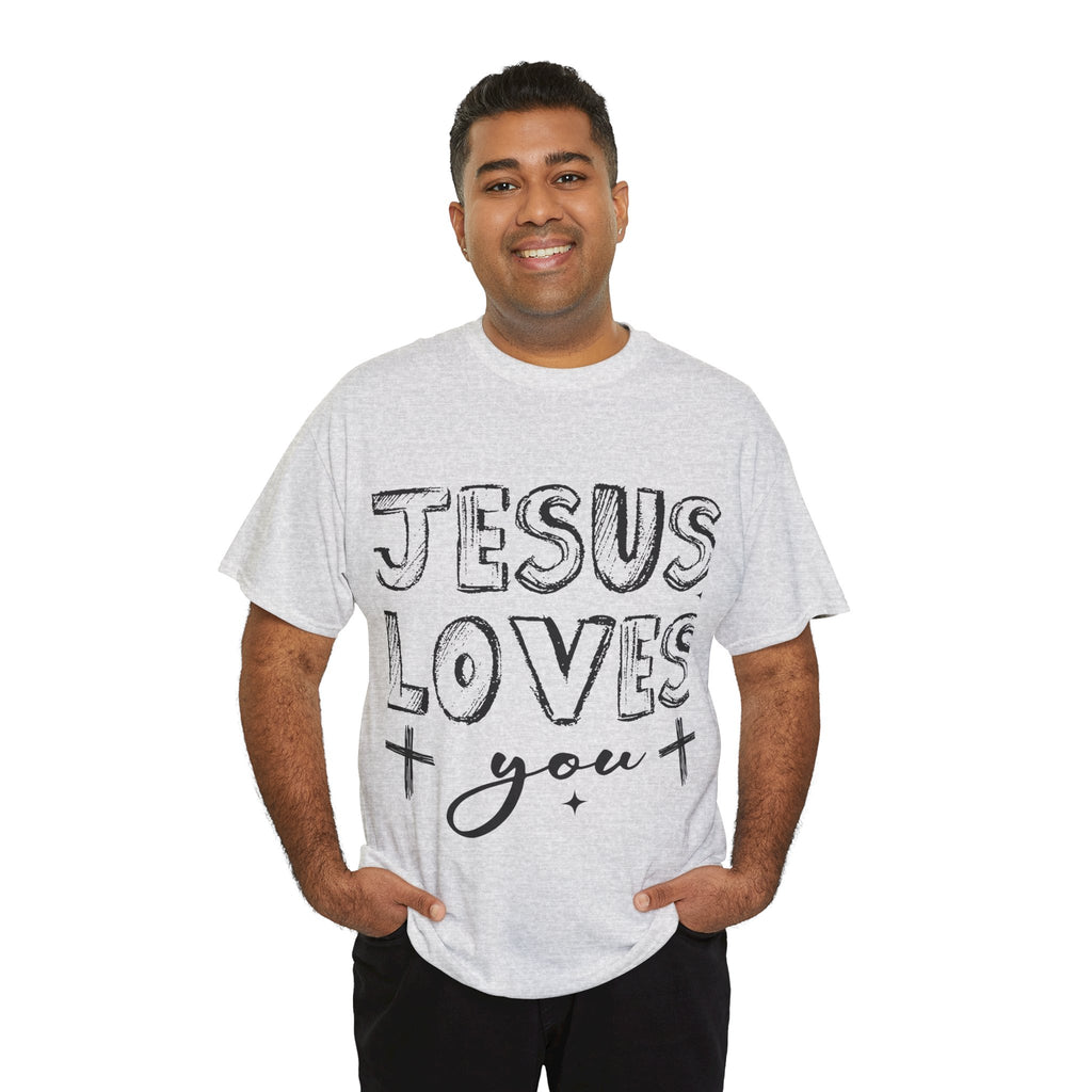 Jesus Loves You Chalk-Style Tee — Crosses & Stars Christian UNisex Cotton T-Shirt