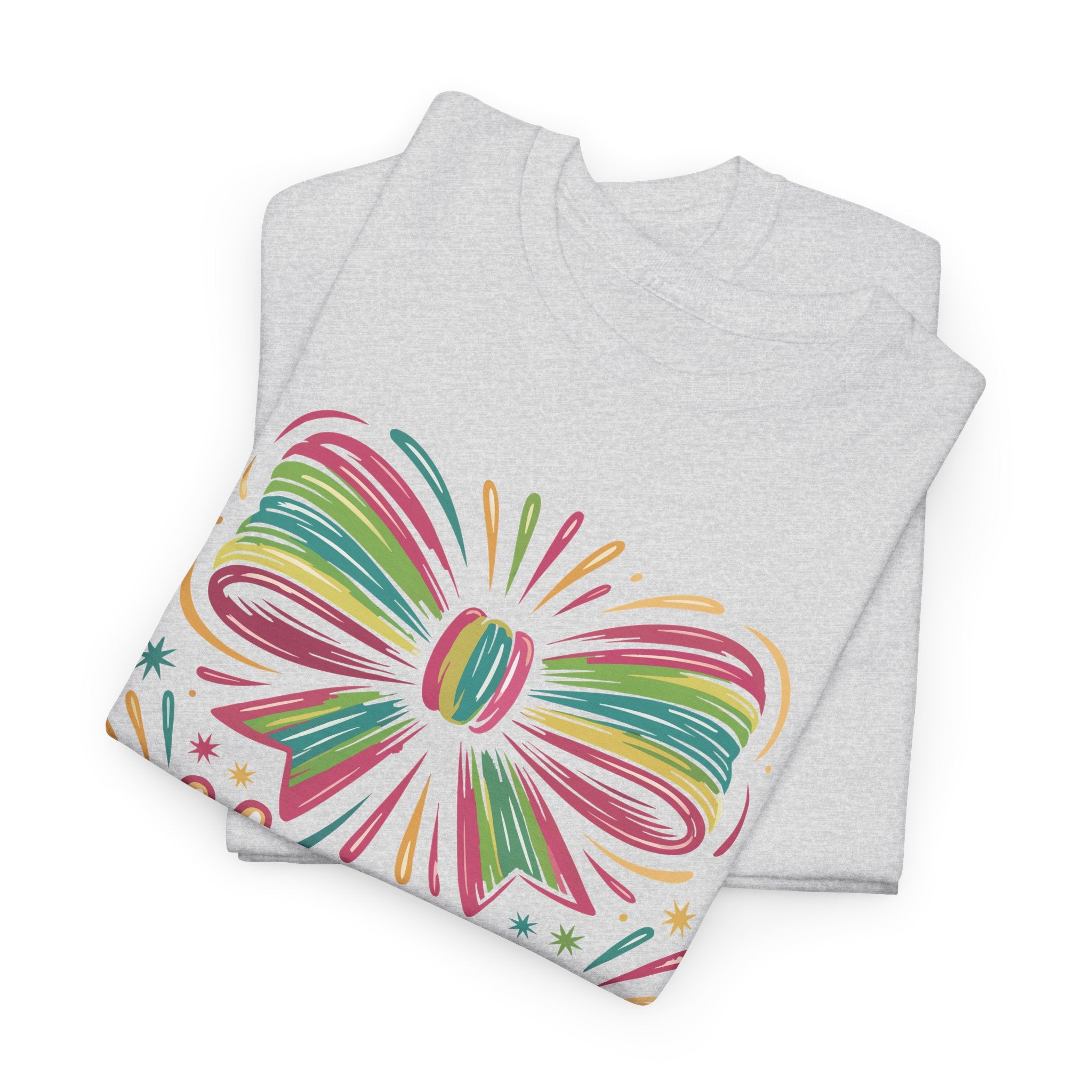 Happy New Year Pastel Tee — Rainbow Bow & Fireworks Celebration Unisex Cotton Tshirt