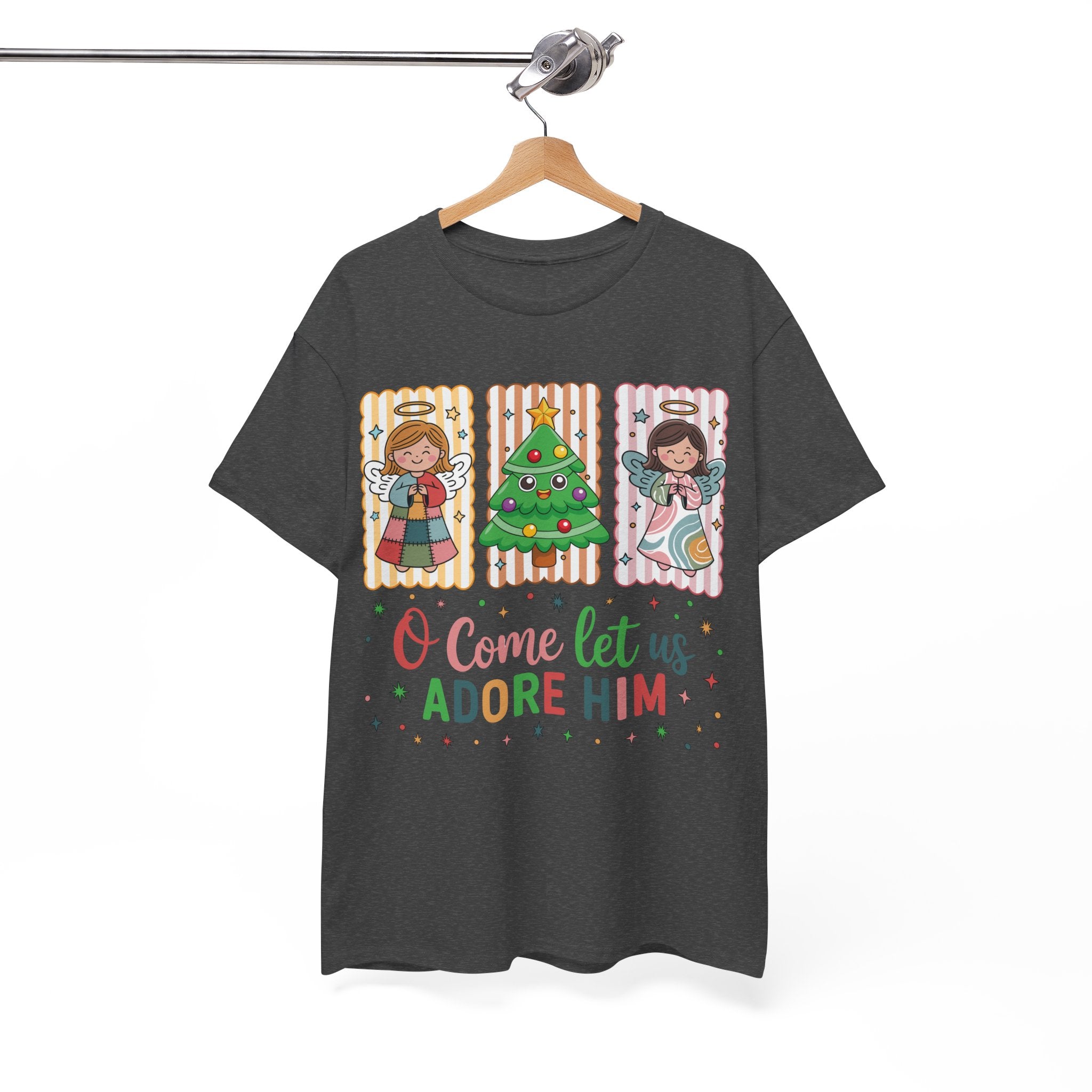 O Come Let Us Adore Him Christmas Tee — Smiling Angels & Happy Tree..Unisex Cotton Tee