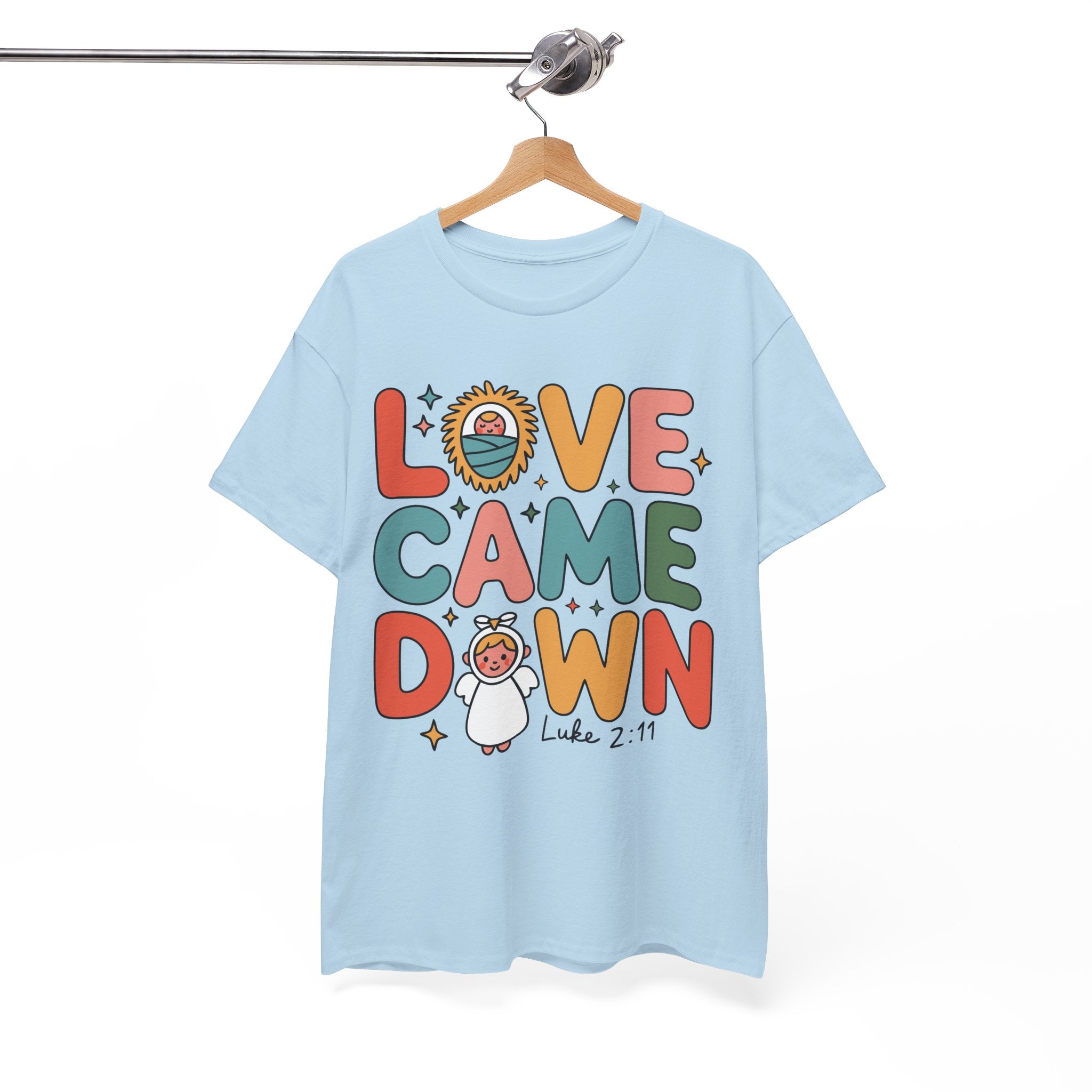 Love Came Down Christmas Tee — Baby Jesus Manger Angel (Luke 2:11)..Unisex Cotton Tee