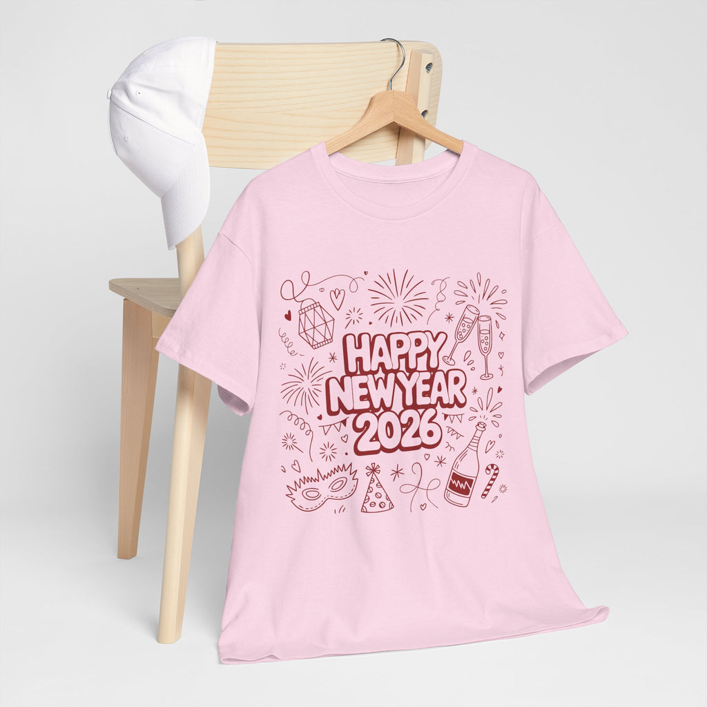 Happy New Year 2026 Doodle T-Shirt — Pink Party Icons & Champagne Unisex Cotton Tee