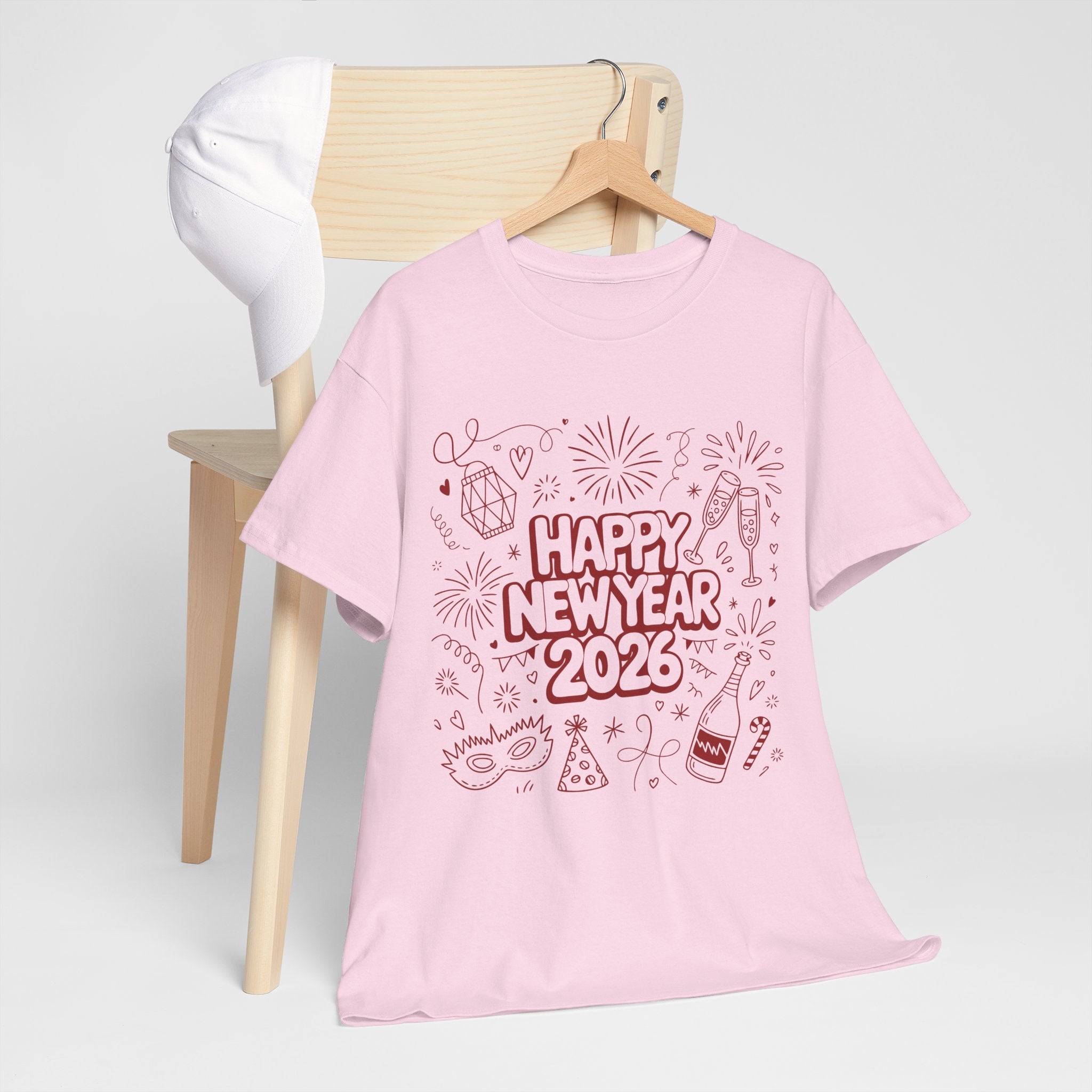 Happy New Year 2026 Doodle T-Shirt — Pink Party Icons & Champagne Unisex Cotton Tee