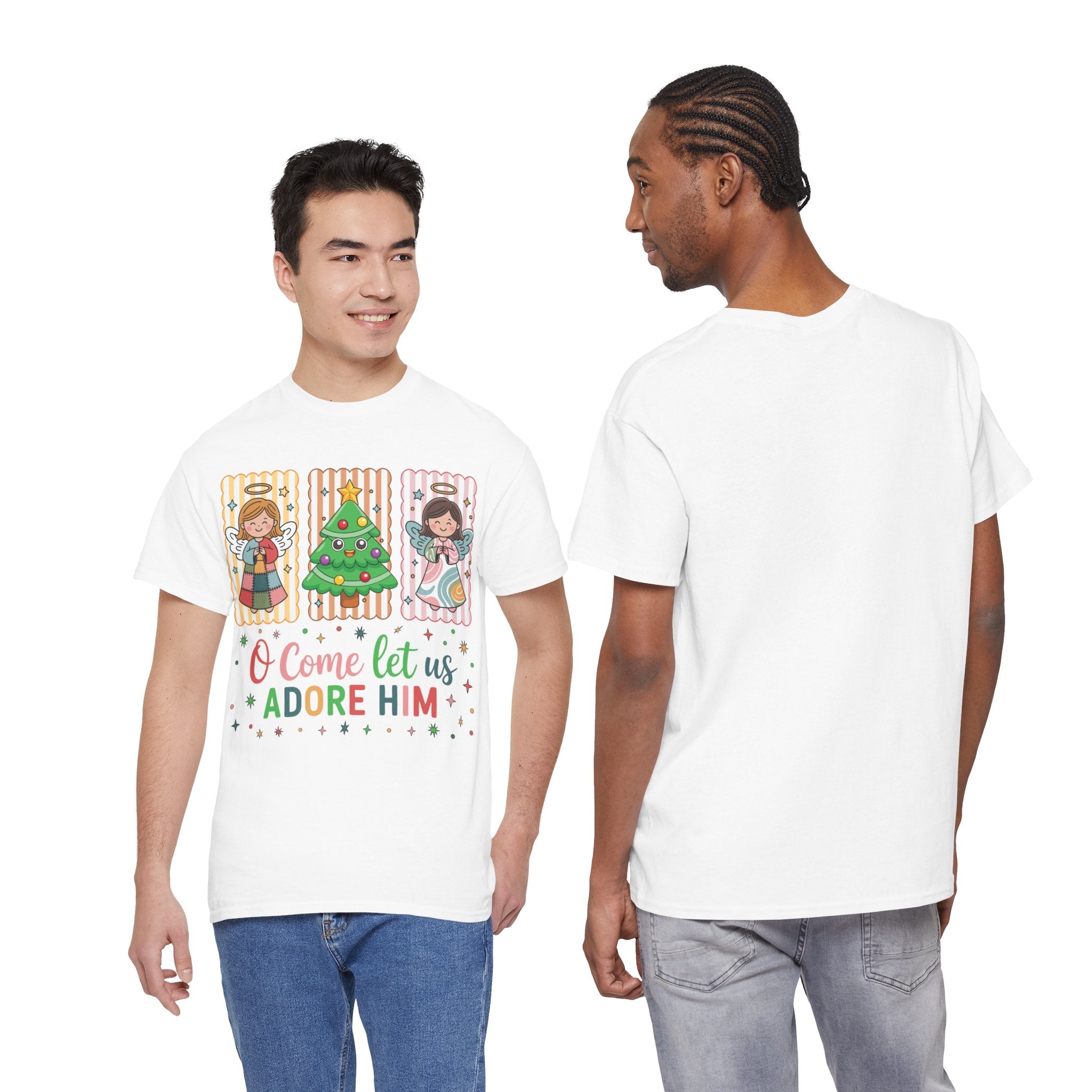 O Come Let Us Adore Him Christmas Tee — Smiling Angels & Happy Tree..Unisex Cotton Tee