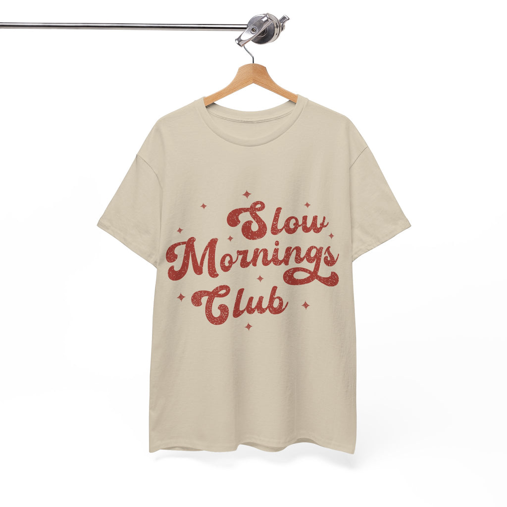 Slow Mornings Club T-Shirt — Retro Red Sparkle Unisex Cotton Tee