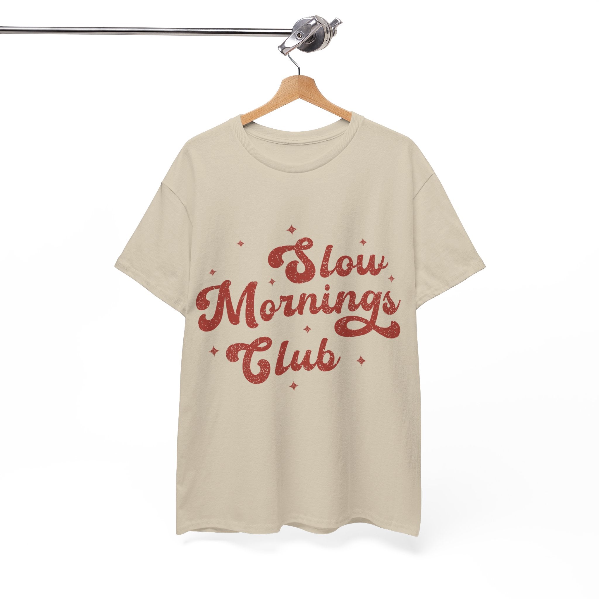 Slow Mornings Club T-Shirt — Retro Red Sparkle Unisex Cotton Tee