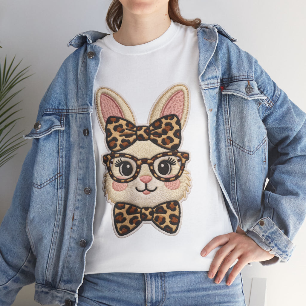 Leopard Bow Bunny Embroidered Tee — Cute Bunny Face with Glasses Patch Unisex Cotton Tee