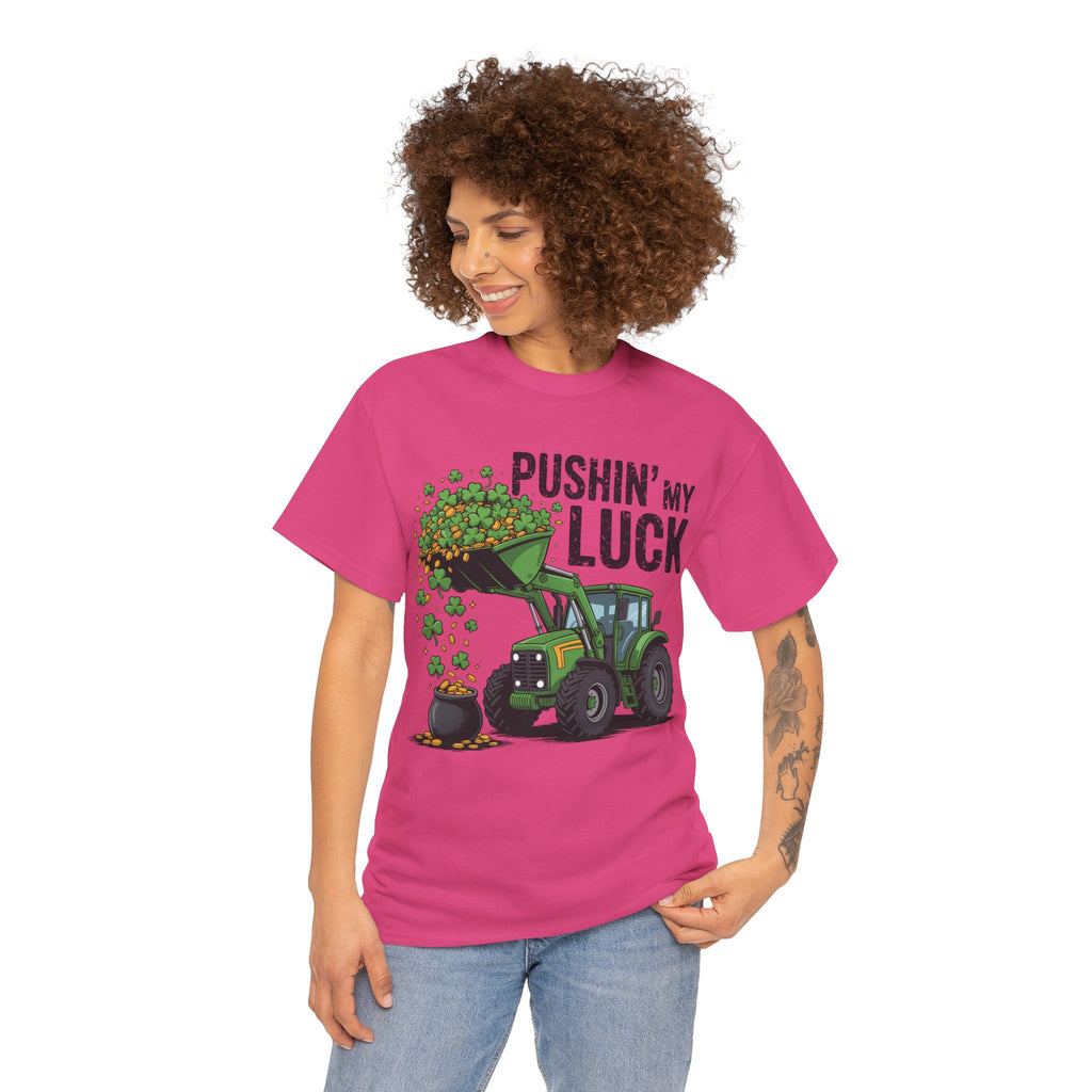 Pushin' My Luck Shamrock Tractor Tee — St. Patrick's Day Unisex Cotton T-Shirt