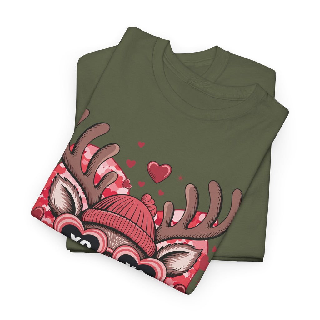 Valentine Deer Tee — Cute XO Heart Glasses, Beanie & Scarf Unisex Cotton Tshirt