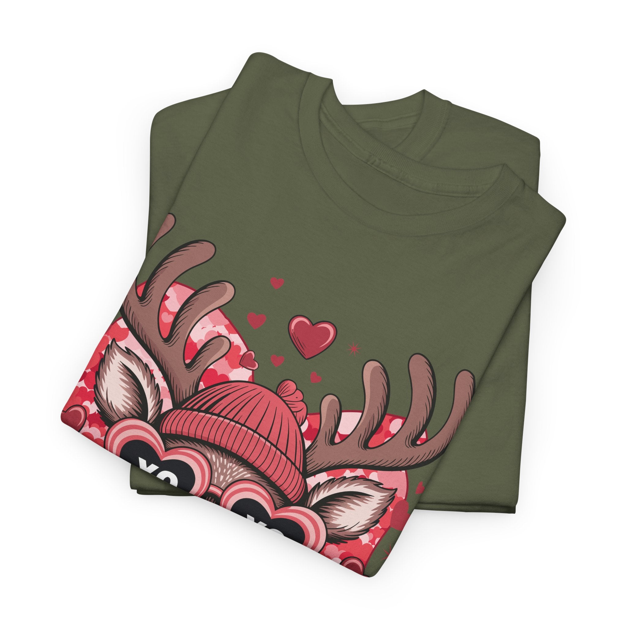 Valentine Deer Tee — Cute XO Heart Glasses, Beanie & Scarf Unisex Cotton Tshirt