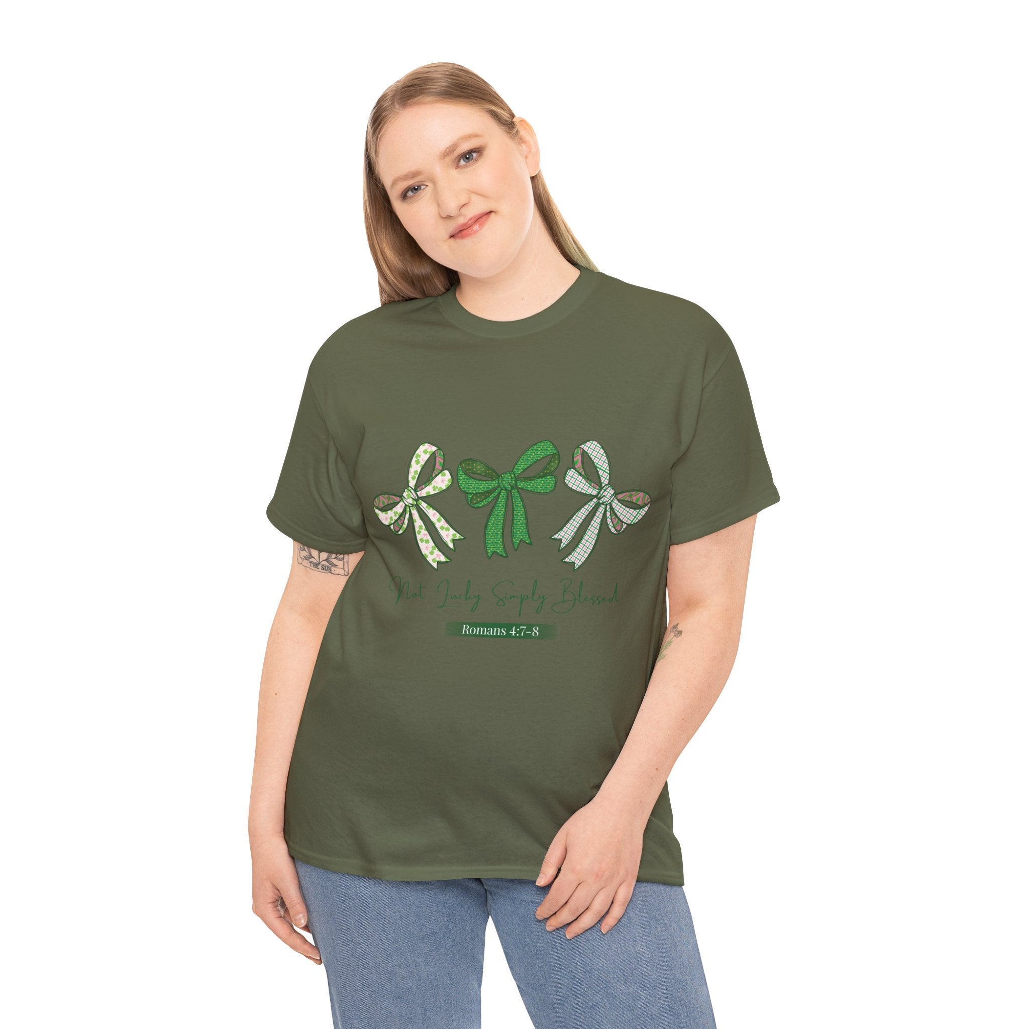 Not Lucky Simply Blessed Tee — Romans 4:7-8 Green Bow Christian Unisex Cotton T-Shirt