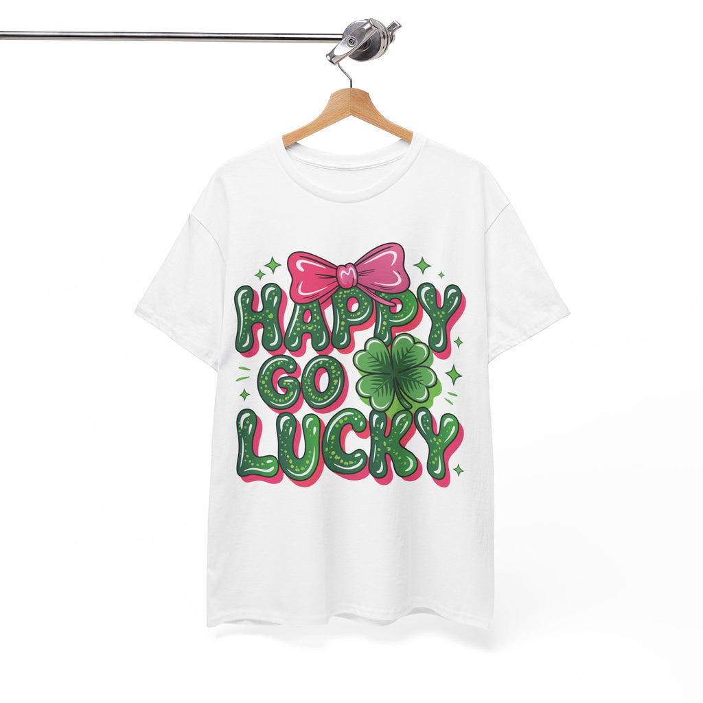 Happy Go Lucky Four-Leaf Clover Tee — Glossy Green Letters & Pink Bow Unisex Cotton Tee