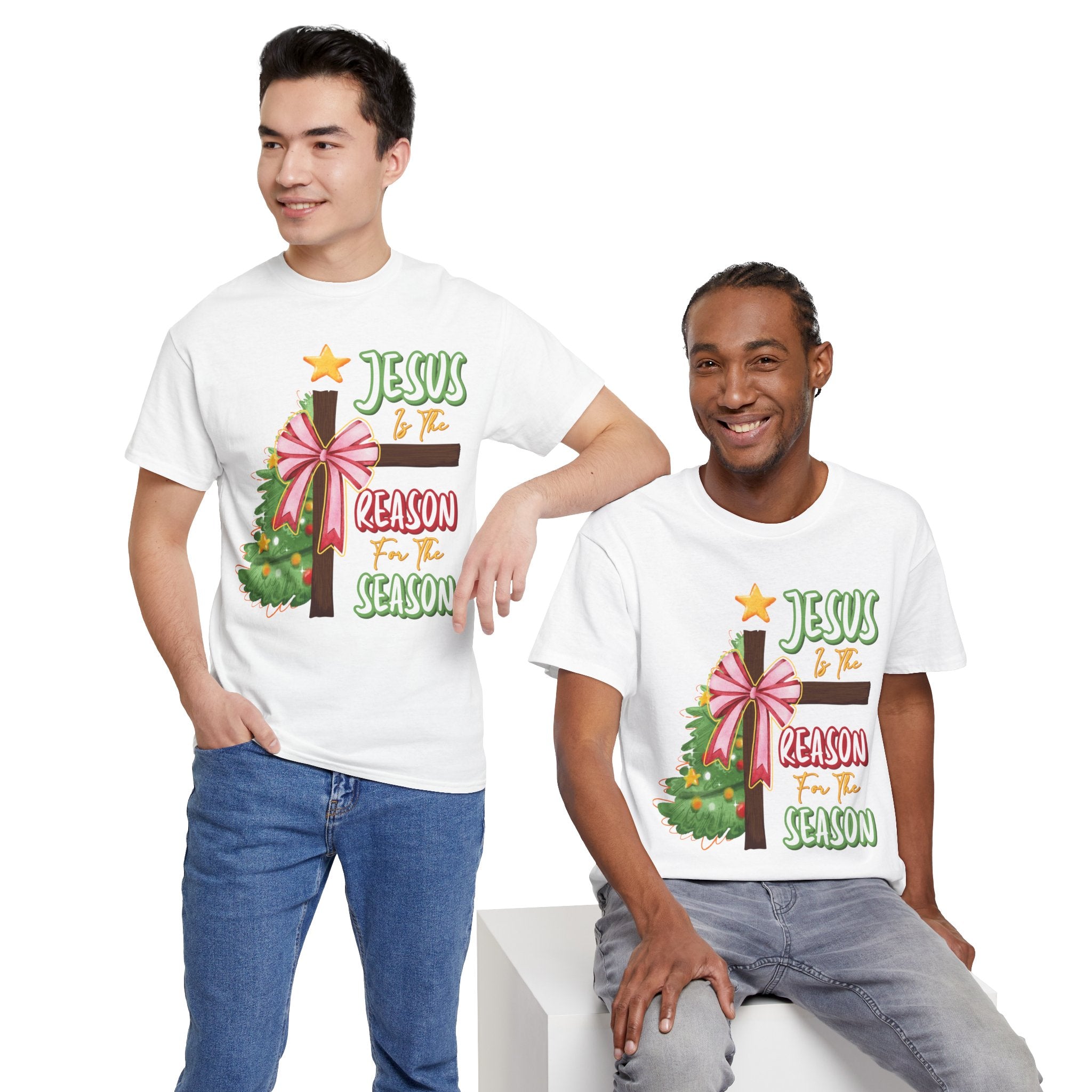 Jesus Is the Reason for the Season Christmas Tee — Cross with Pink Bow & Tree. Unisex Cotton Tee